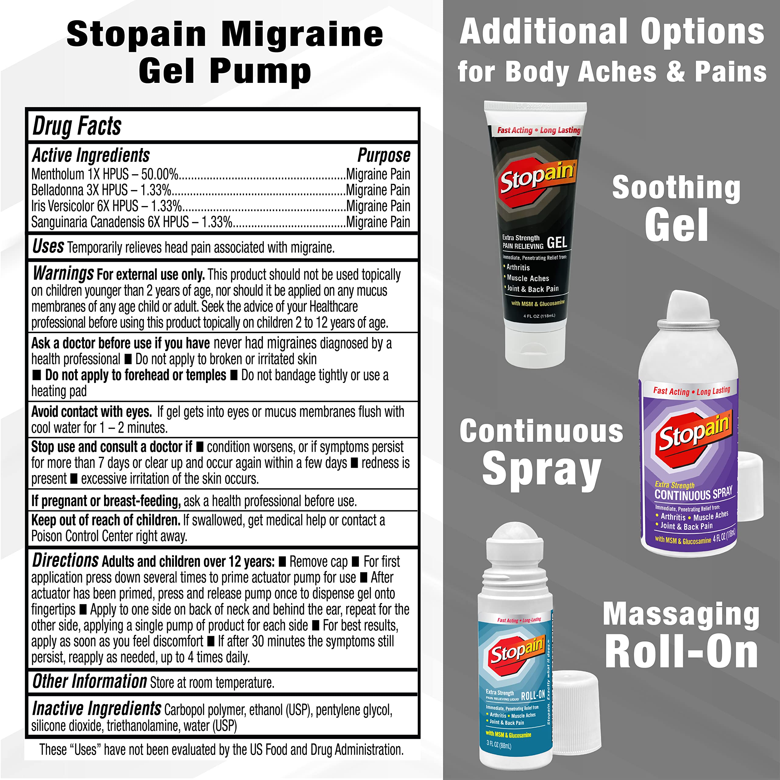 Stopain Migraine Pain Relief Gel Pump, 1.62oz, USA Made, Max Strength Fast Acting Research Proven Topical Effective at Any Stage, No Known Side Effects or Drug Interactions, HSA FSA Approved Products StopainBuy Supplements Australia