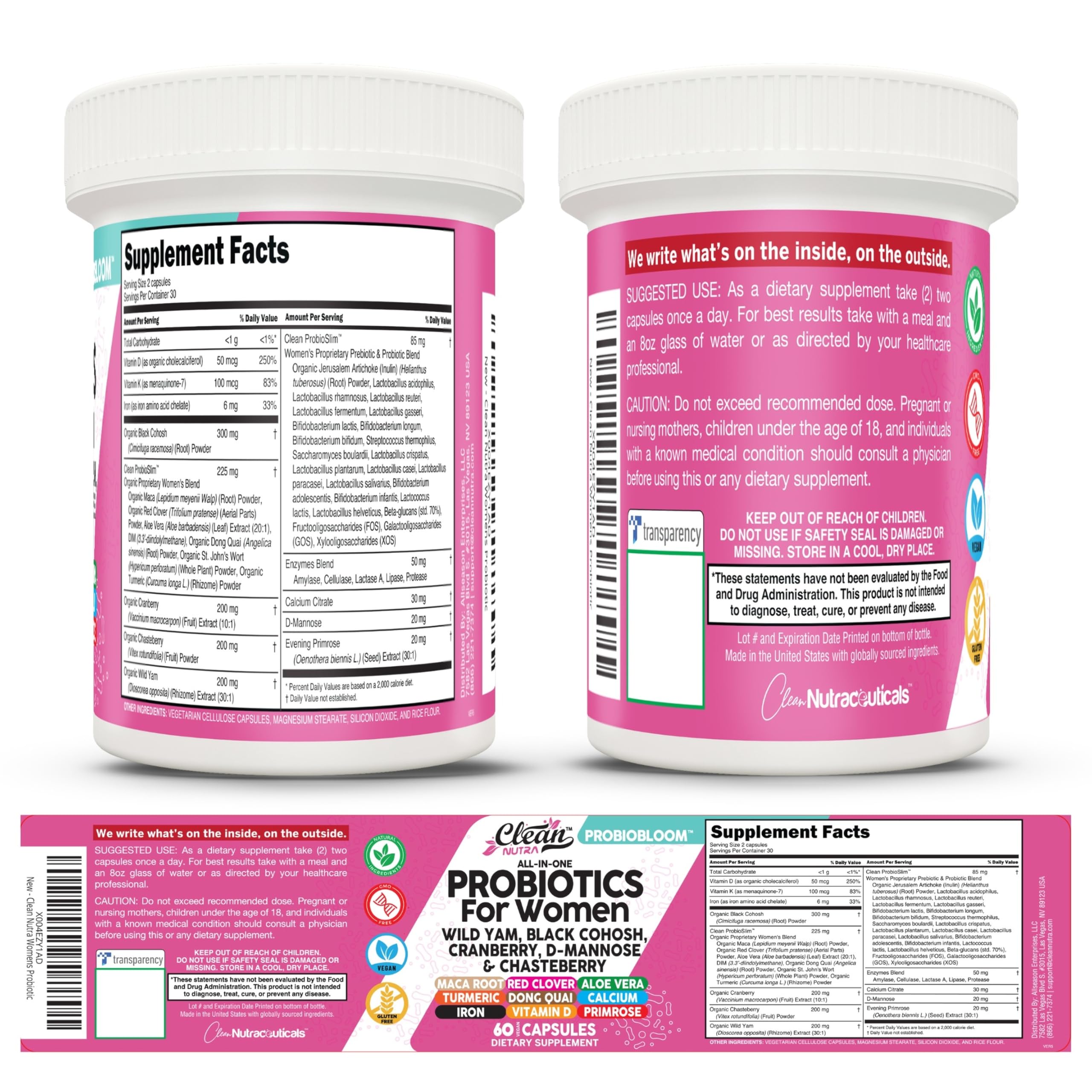 Clean Nutraceuticals Probiotics for Women with D Mannose, Cranberry Extract, Wild Yam, Chasteberry - 20 Probiotic and Prebiotic Strains - PH Balance, Womens Probiotic for Digestive Health - 60 Count Clean NutraceuticalsBuy Supplements Australia