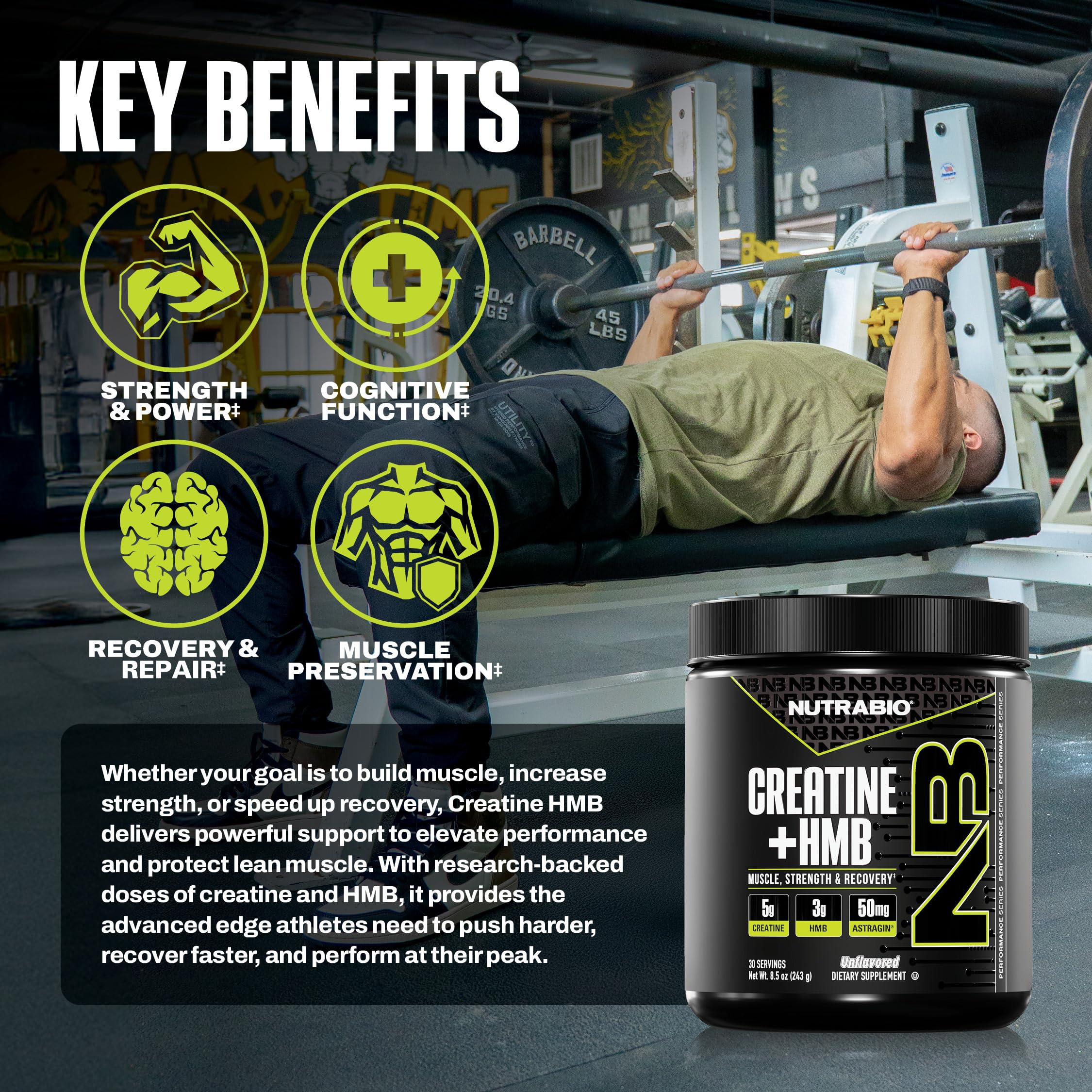 NutraBio Creatine + HMB- Creatine Monohydrate with HMB Powder for Muscle Growth, Increased Strength- 30 Servings (Unflavored)