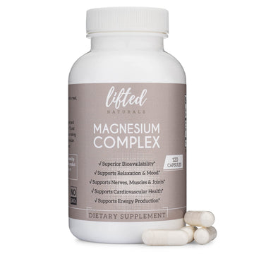 Supplement bottle labeled 'Magnesium Complex' by 'lifted naturals' on a white background