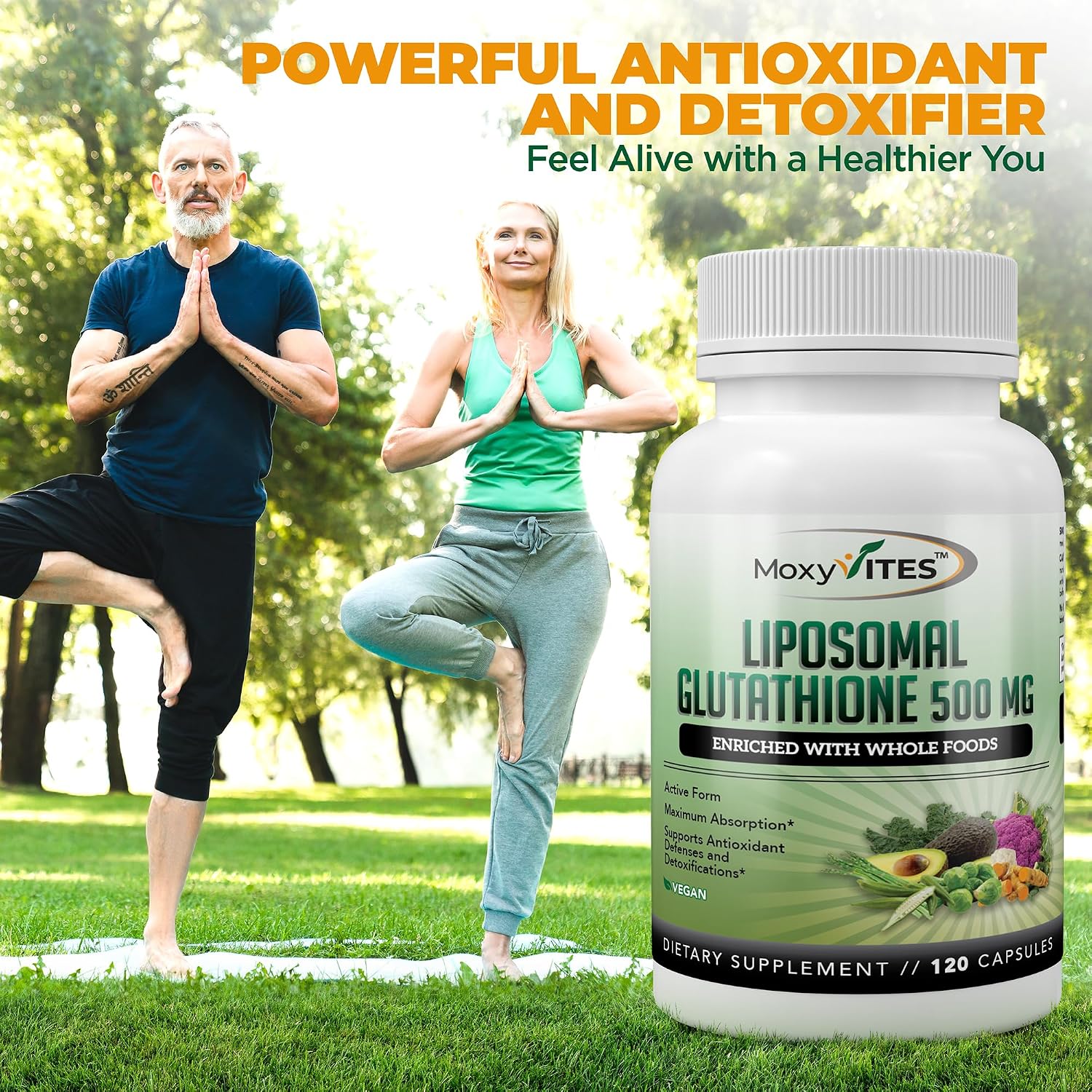 Liposomal Glutathione Supplement 500mg - Pure L Glutathione (GSH) Reduced - Active Form, Made with Organic Whole Food, Non GMO Phospholipid Complex - Antioxidant - 120 Count