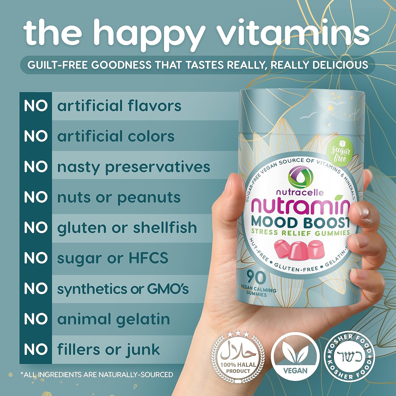 NUTRAMIN Mood Boost Multivitamin Gummy - Delicious & Yummy Anti-Stress Magnesium Ashwagandha Gummies + B Complex Vitamins for Focus and Calm - Sugar-Free, Vegan, Gluten-Free, Allergy-Safe (90 Count)