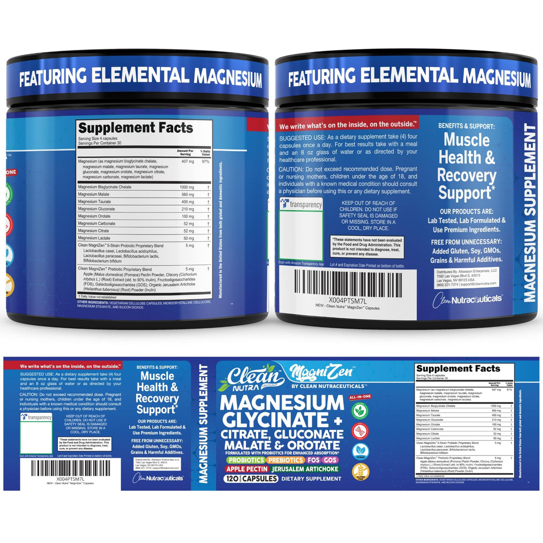 Supplement container labeled 'Clean Nutra MagniZen' with blue and white design.