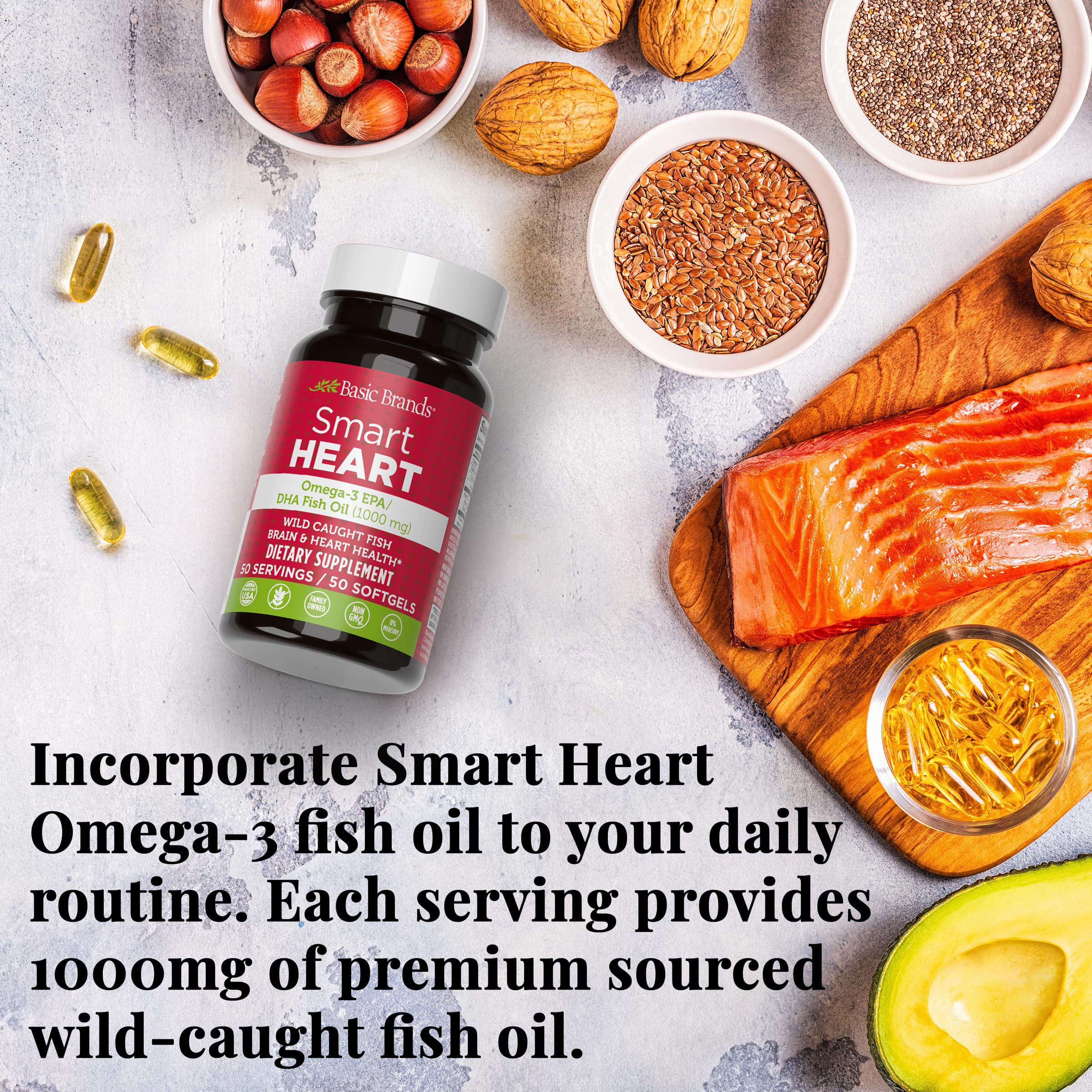 Basic Brands Smart Heart Omega-3 Fish Oil 1000 mg | Heart, Brain & Joint Health, Healthy Triglycerides, Purified Fish Oil, Non-GMO, Gluten-Free, 50 Softgels