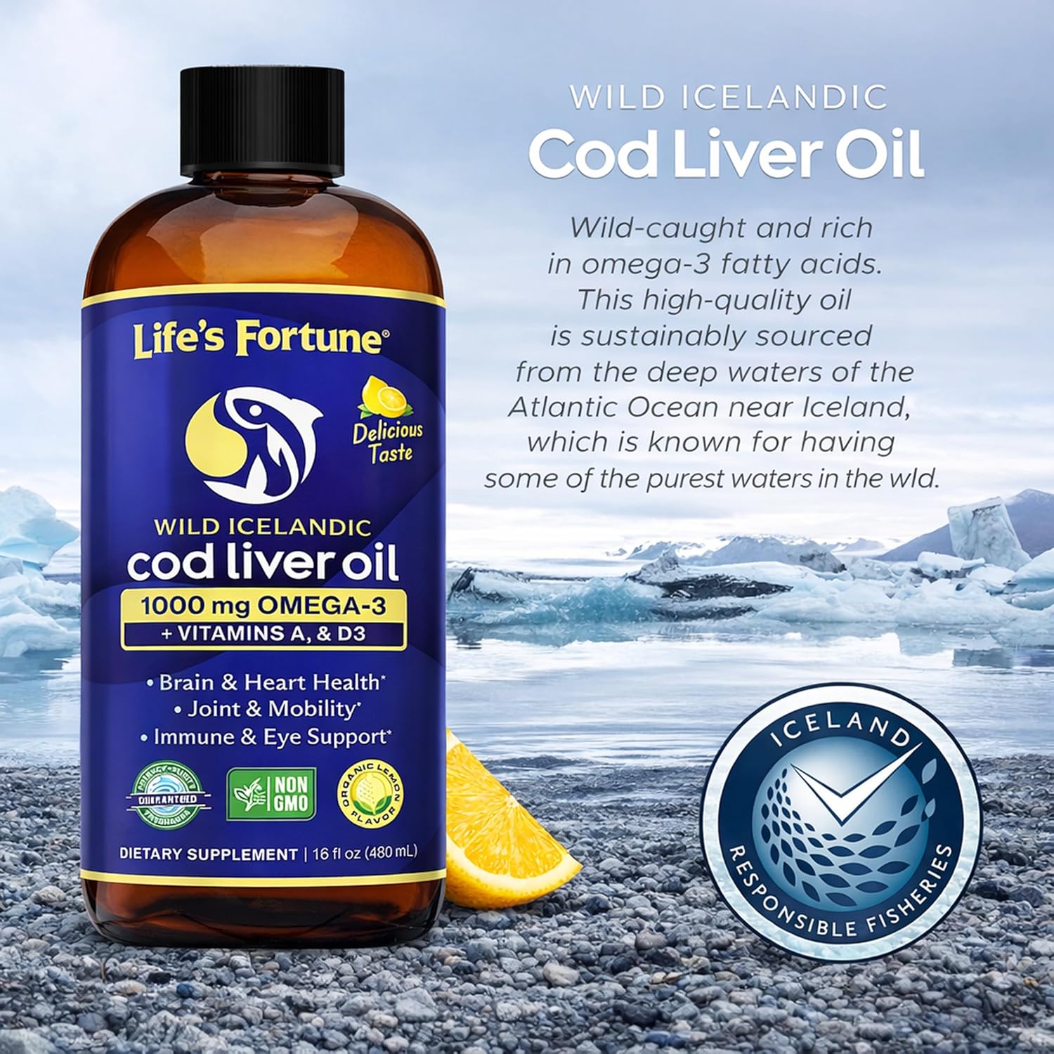 Life's Fortune Cod Liver Oil Liquid Lemon Flavor Organic Supplement with DHA, EPA 1000 mg High Potency Omega-3s + Vitamin A, E & D3 - Supports Immune, Joints, Eyes, 16 Fl Oz (Pack of 1)