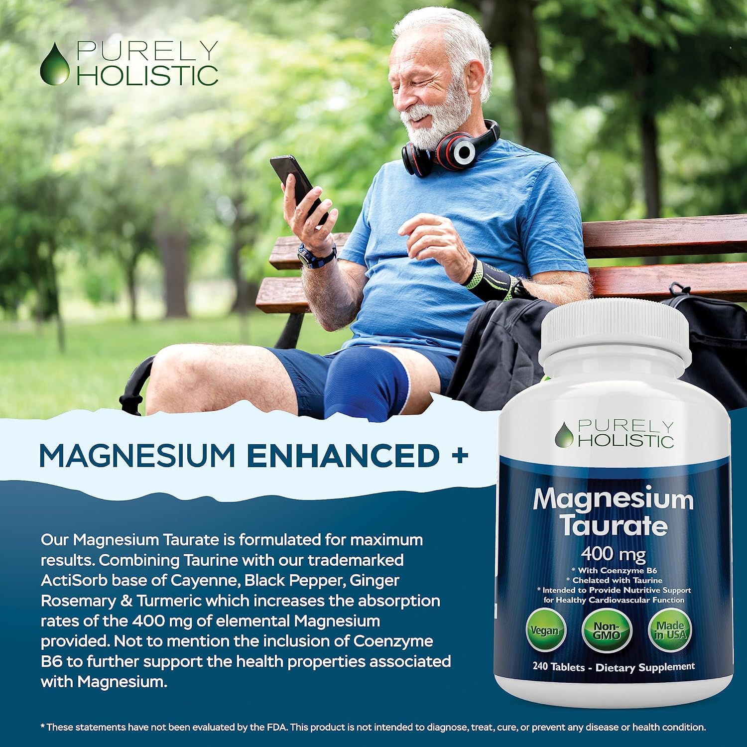 Magnesium Taurate 400MG Elemental Magnesium Per Serving, 4 Month Supply | Heart Health & Nervous System Support, High Absorption Mag Taurate Complex with Vitamin B6, Vegan & Non-GMO, 240 Tablets