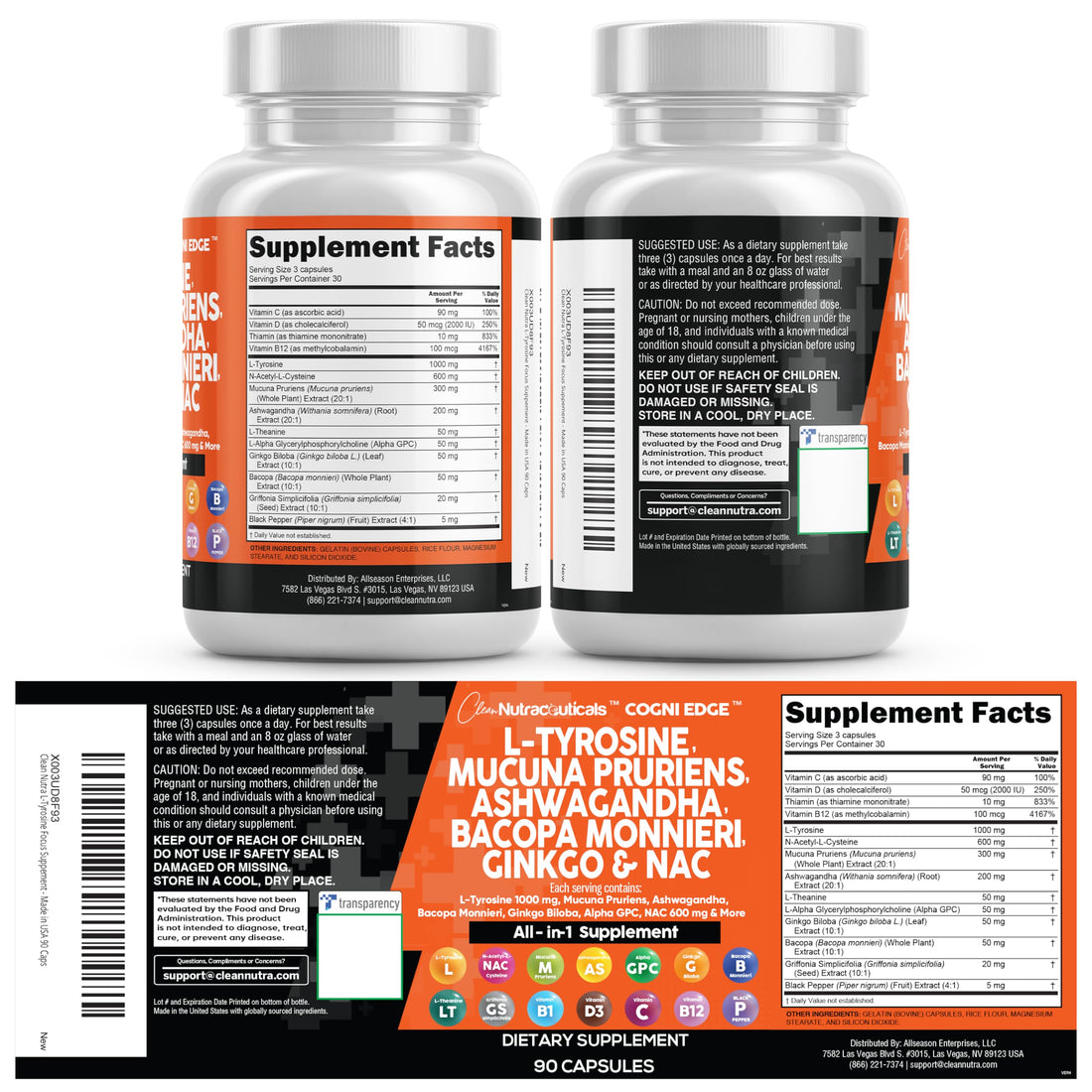 Clean Nutraceuticals L Tyrosine Mucuna Pruriens Bacopa Monnieri Ashwagandha Focus Supplement w/N-Acetyl Cysteine NAC 5-HTP Ginkgo Biloba Alpha GPC Vitamin C D B1 B12 Clean NutraceuticalsBuy Supplements Australia