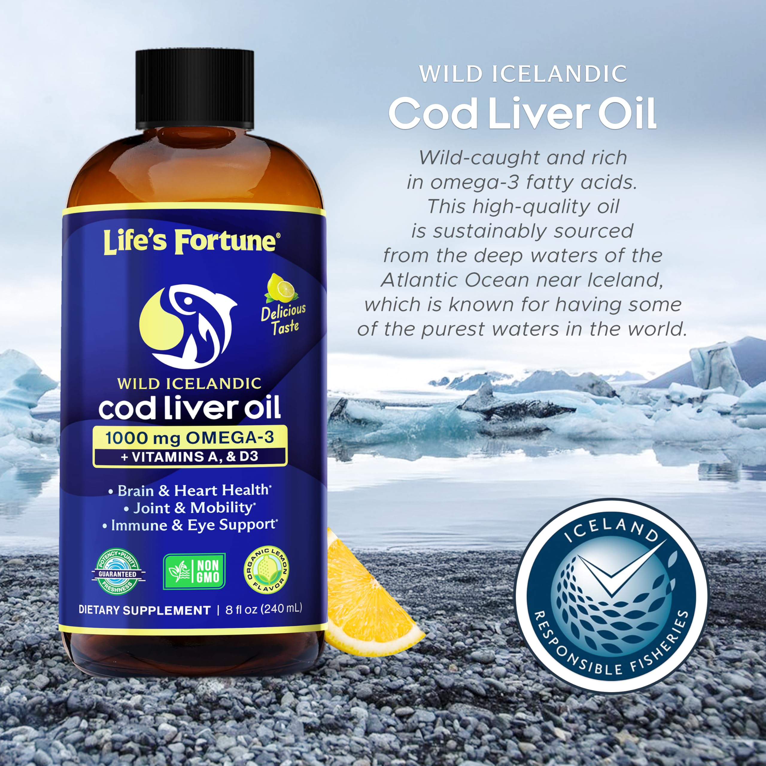 Life's Fortune Cod Liver Oil Liquid Lemon Flavor Organic Supplement with DHA, EPA 1000 mg High Potency Omega-3s + Vitamin A, E & D3 - Supports Immune, Joints, Eyes, 16 Fl Oz (Pack of 1)