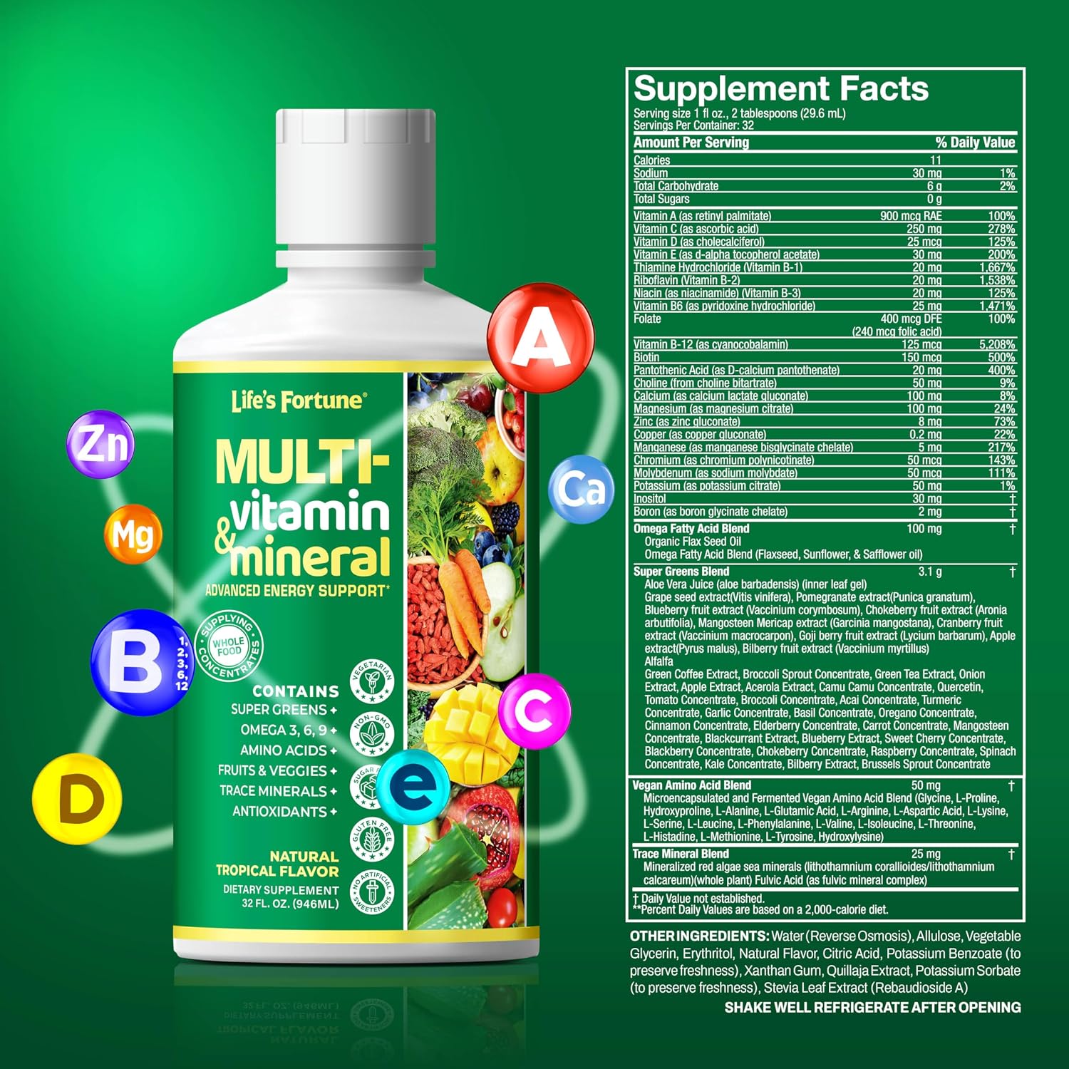 Life’s Fortune Liquid Multivitamin for Adults and Seniors – Fast Absorption Vitamins and Minerals with 90+ Nutrients for Energy and Immune Support – Easy to Digest, Sugar Free, Tropical Flavor, 32 oz