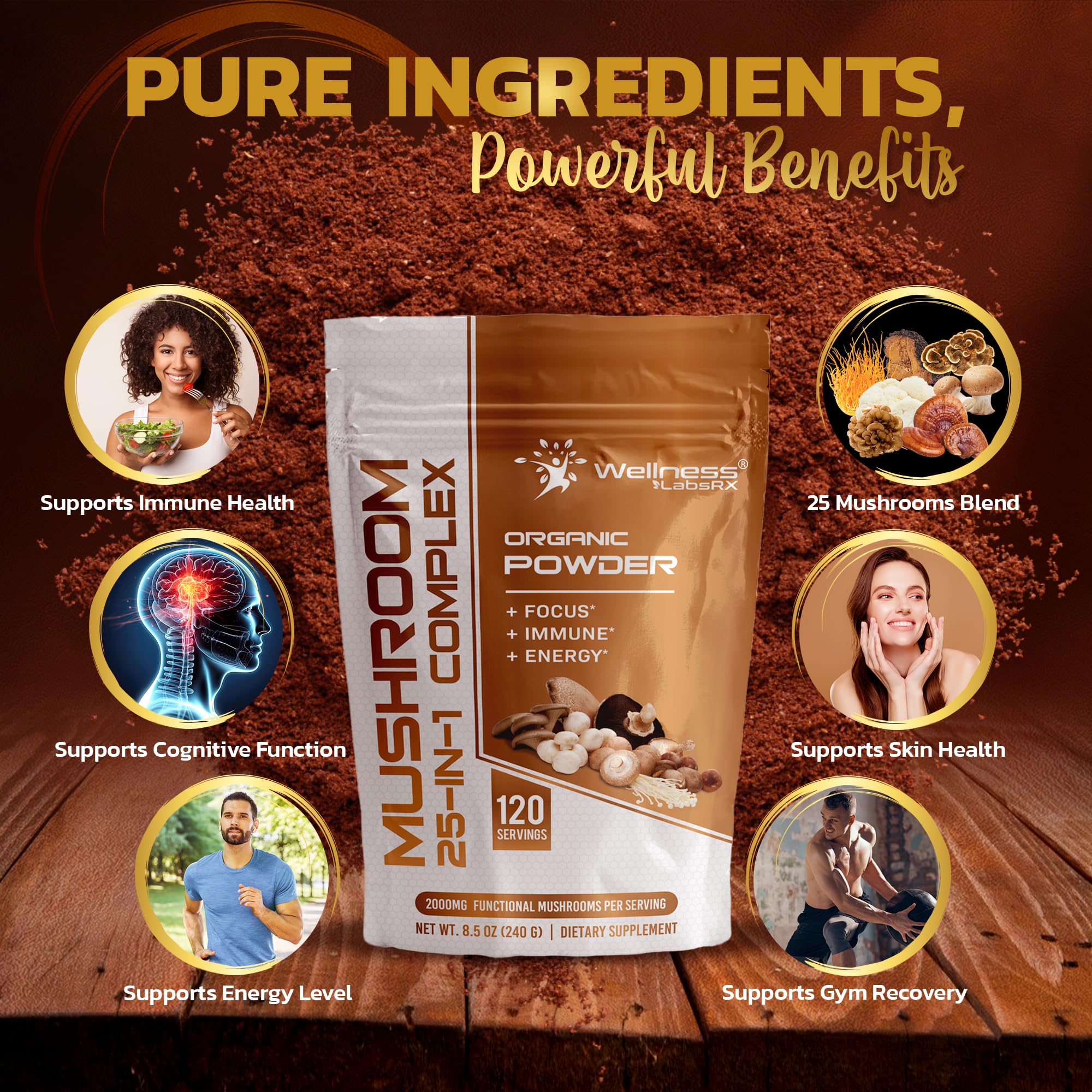 WELLNESS LABSRX Mushroom Powder, 25 in 1 Mushrooms Supplement - 2000mg, 25 Superfood Mishroom Lions Mane Powder with Chaga, Shiitake, Cordyceps, Reishi - Lion's Mane Mushroom - 120 Servings