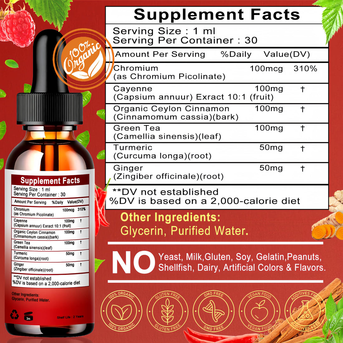 Bottle of Cayenne Pepper Ceylon Cinnamon Green Tea Extract Chromium Turmeric Ginger liquid drops with dropper and ingredients on a white background.