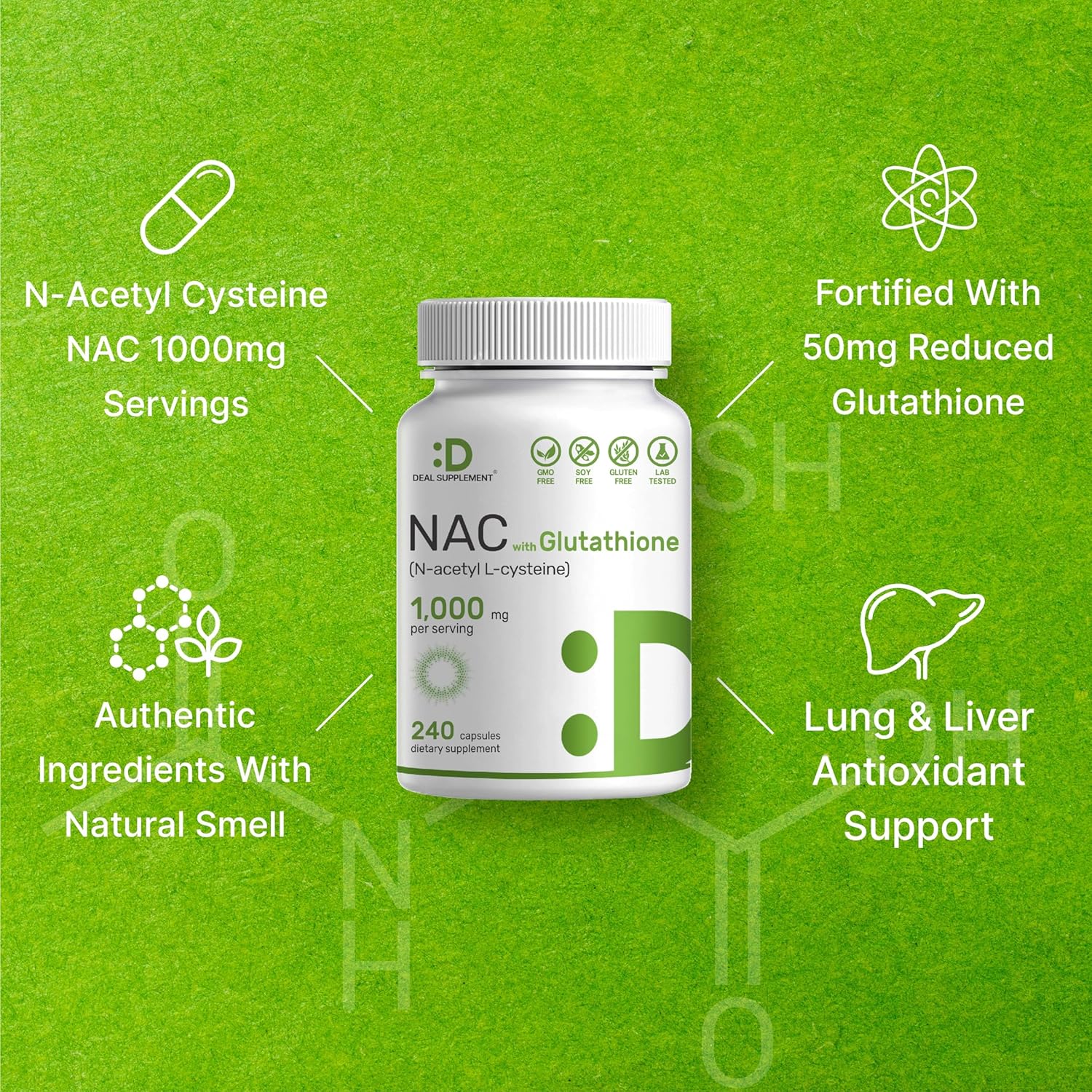DEAL SUPPLEMENT NAC Supplement (N-Acetyl Cysteine) 1,000mg Per Serving with Reduced Glutathione, 240 Capsules – Antioxidant Support for Immune Health, Lung, & Liver Function