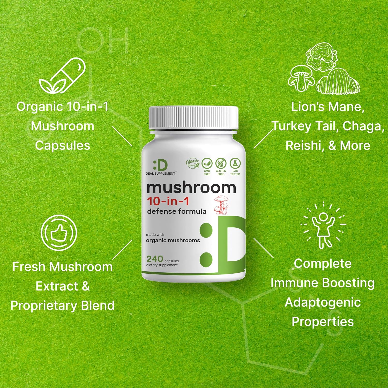 Organic 10-in-1 Mushroom Supplement, 240 Capsules – Lions Mane, Turkey Tail, Reishi, Cordyceps & More Mushroom Complex – Immune, Energy & Nootropic Brain Support – Non-GMO