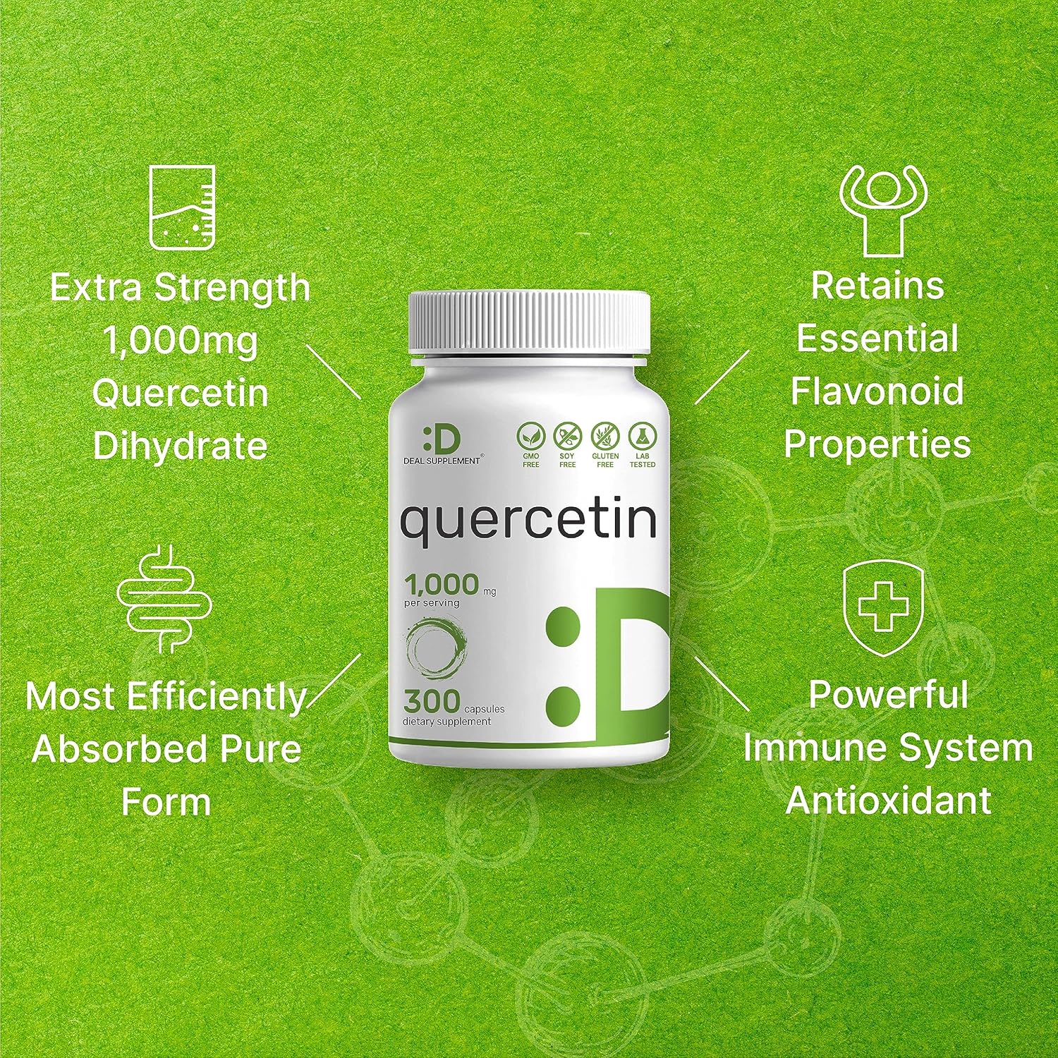 DEAL SUPPLEMENT Quercetin 1,000mg Per Serving, 300 Capsules – Healthy Immune Support Supplements, High Bioavailable Flavonoids, Natural Antioxidant – Non-GMO, Soy Free, No Gluten