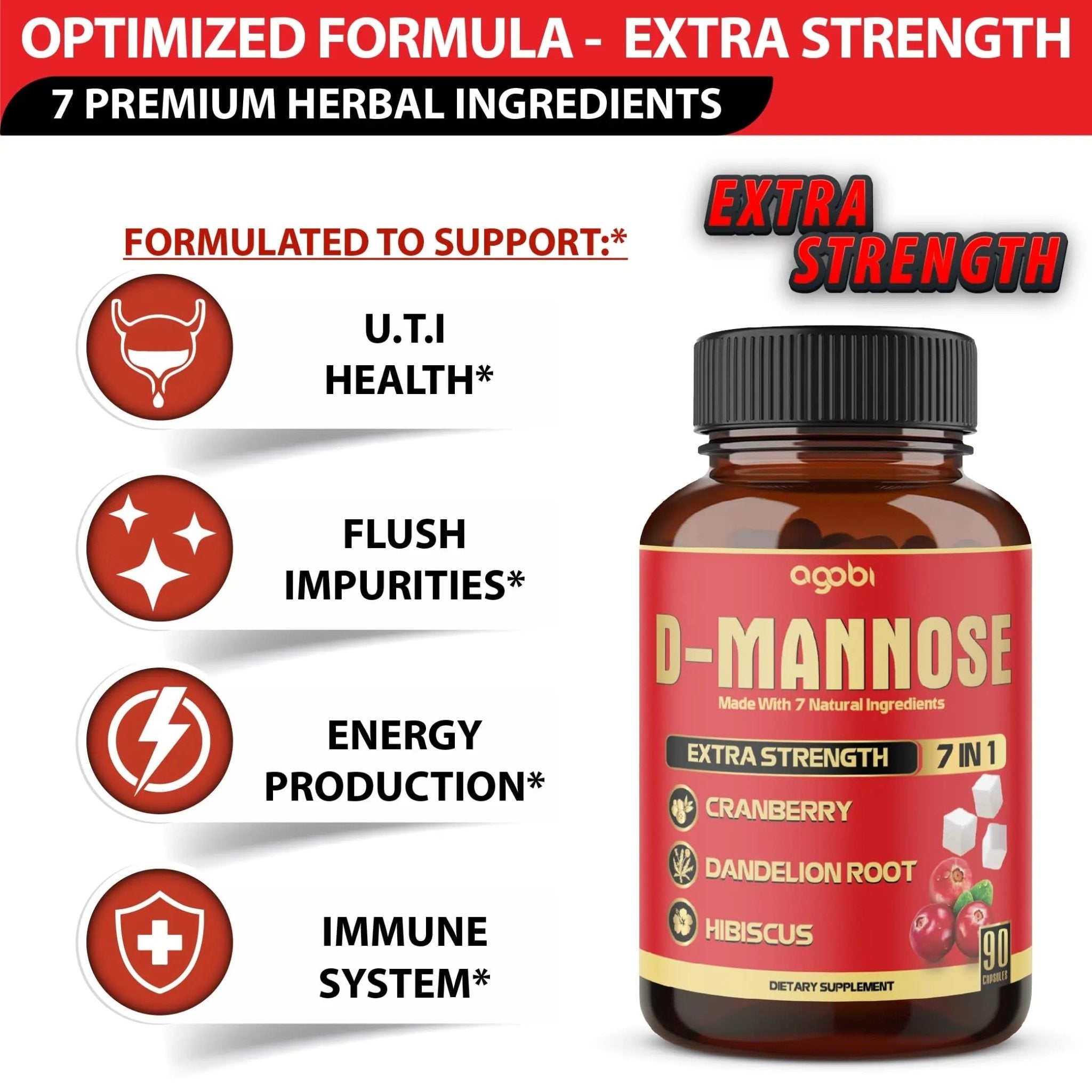 agobi D-Mannose Capsules - 7 Herbs with Cranberry, Dandelion, Hibiscus and More - Support Flush Impurities and Urinary Tract Health - 90 Vegan Capsules 3-Month Supply - PrimeBioHealth - canada supplements