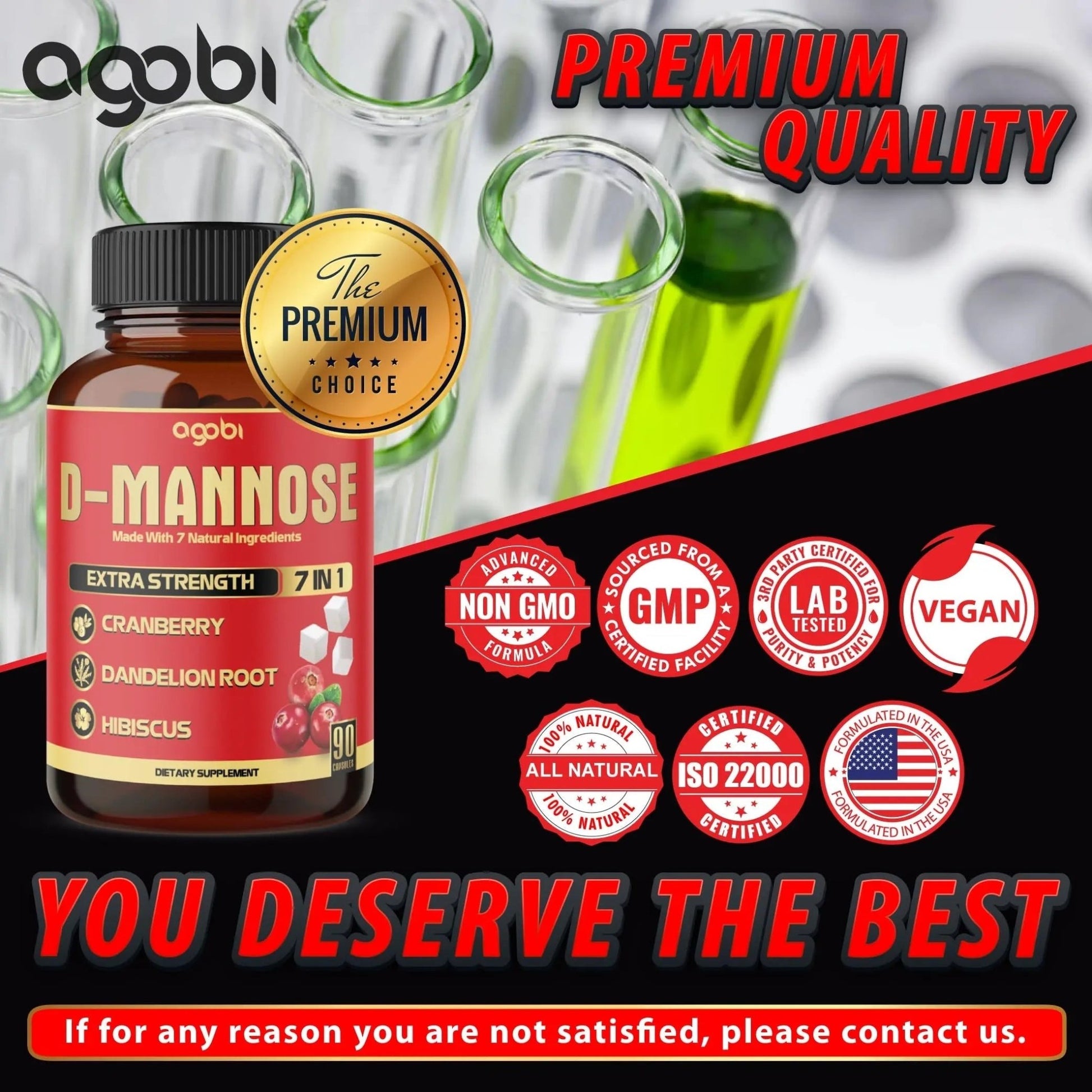 agobi D-Mannose Capsules - 7 Herbs with Cranberry, Dandelion, Hibiscus and More - Support Flush Impurities and Urinary Tract Health - 90 Vegan Capsules 3-Month Supply - PrimeBioHealth - canada supplements