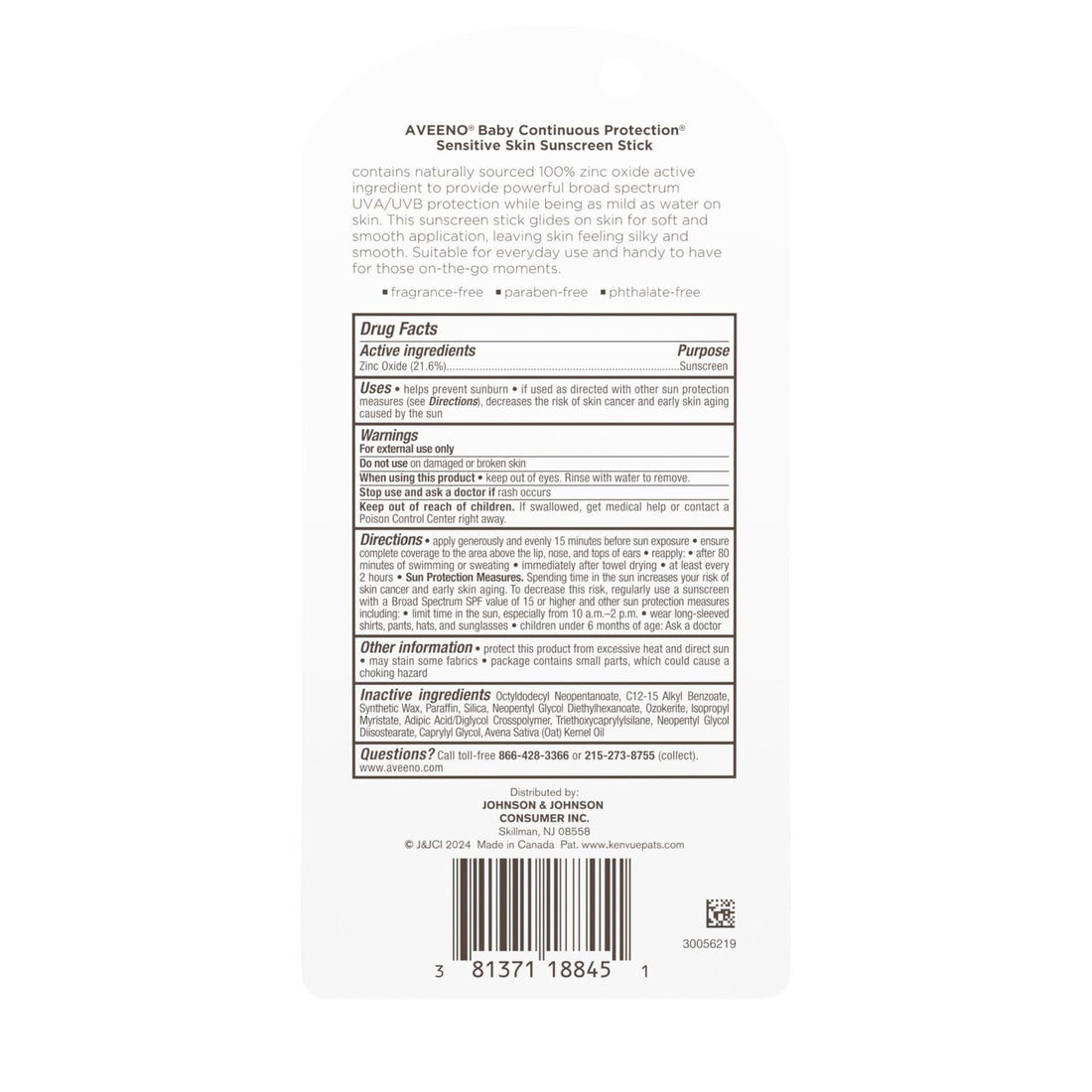 Aveeno Baby Continuous Protection Mineral Sunscreen Stick for Sensitive Skin with Broad Spectrum SPF 50 Protection for Face & Body - PrimeBioHealth - canada supplements