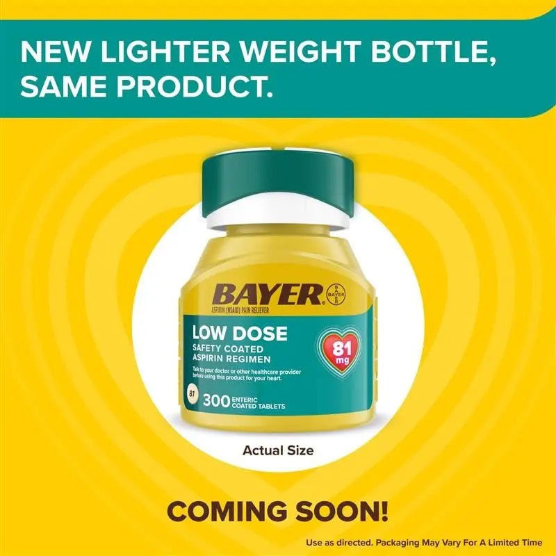 Bayer Aspirin Low Dose 81 mg, Enteric Coated Tablets, Doctor Recommended, Secondary Prevention of Cardiovascular Disease, 300 Safety Coated Tablets (Packaging may vary) - PrimeBioHealth - canada supplements