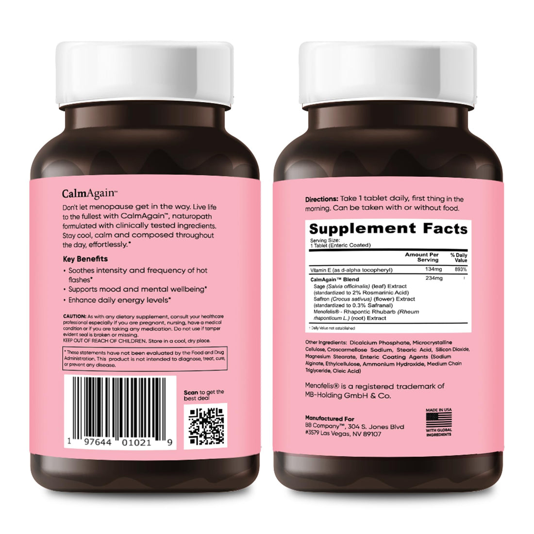 BB Company CalmAgain for Menopause Anxiousness, Mood Balance for Women | Stay Calm, Lower Cortisol, Fewer Mood Swings | Siberian Rhubarb - PrimeBioHealth - canada supplements