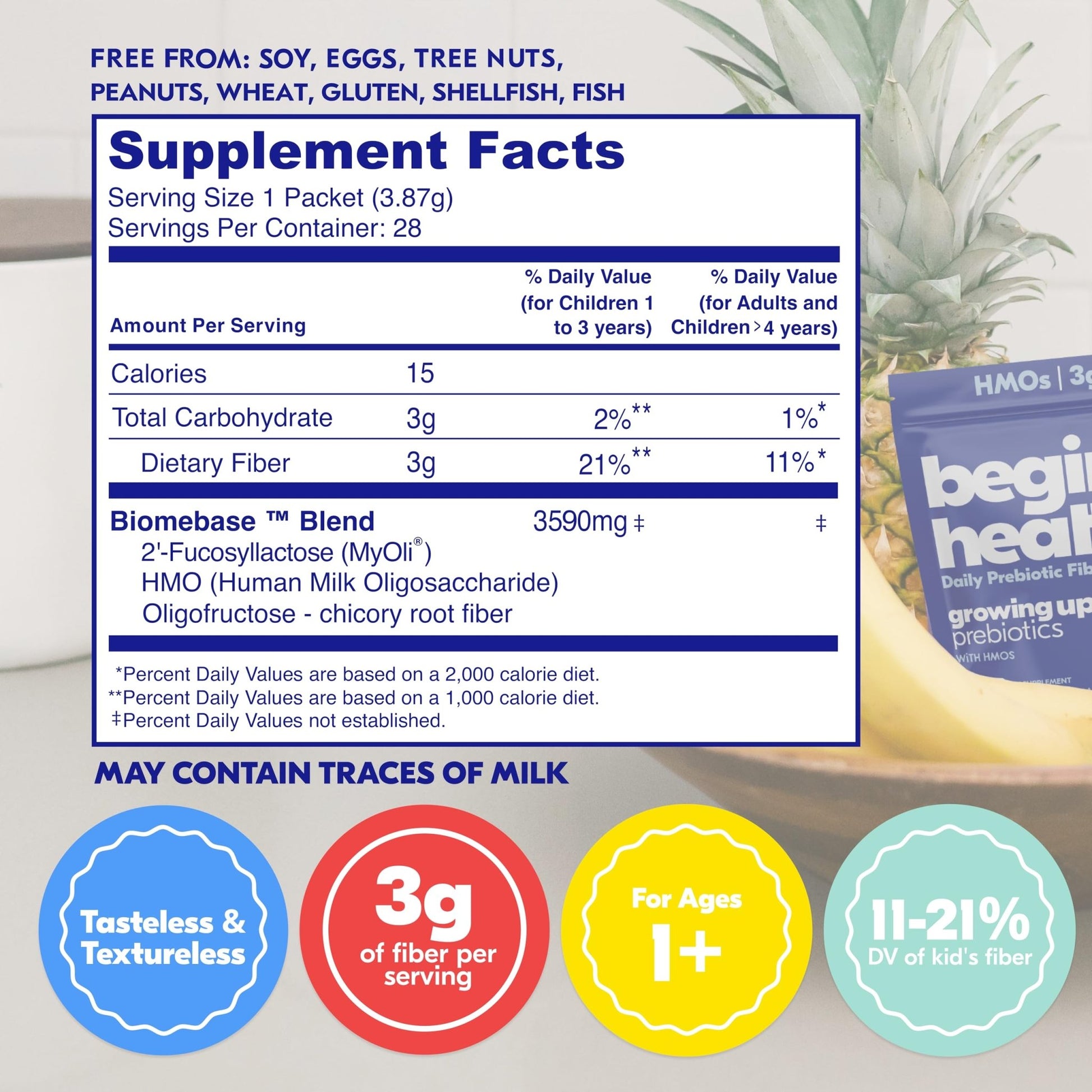 Begin Health Growing Up Prebiotics for Kids 28-Packs | Prebiotic Soluble Powder Stool Softeners and Digestive Gut Health Supplement | Ideal to Mix with Kids Daily - PrimeBioHealth - canada supplements