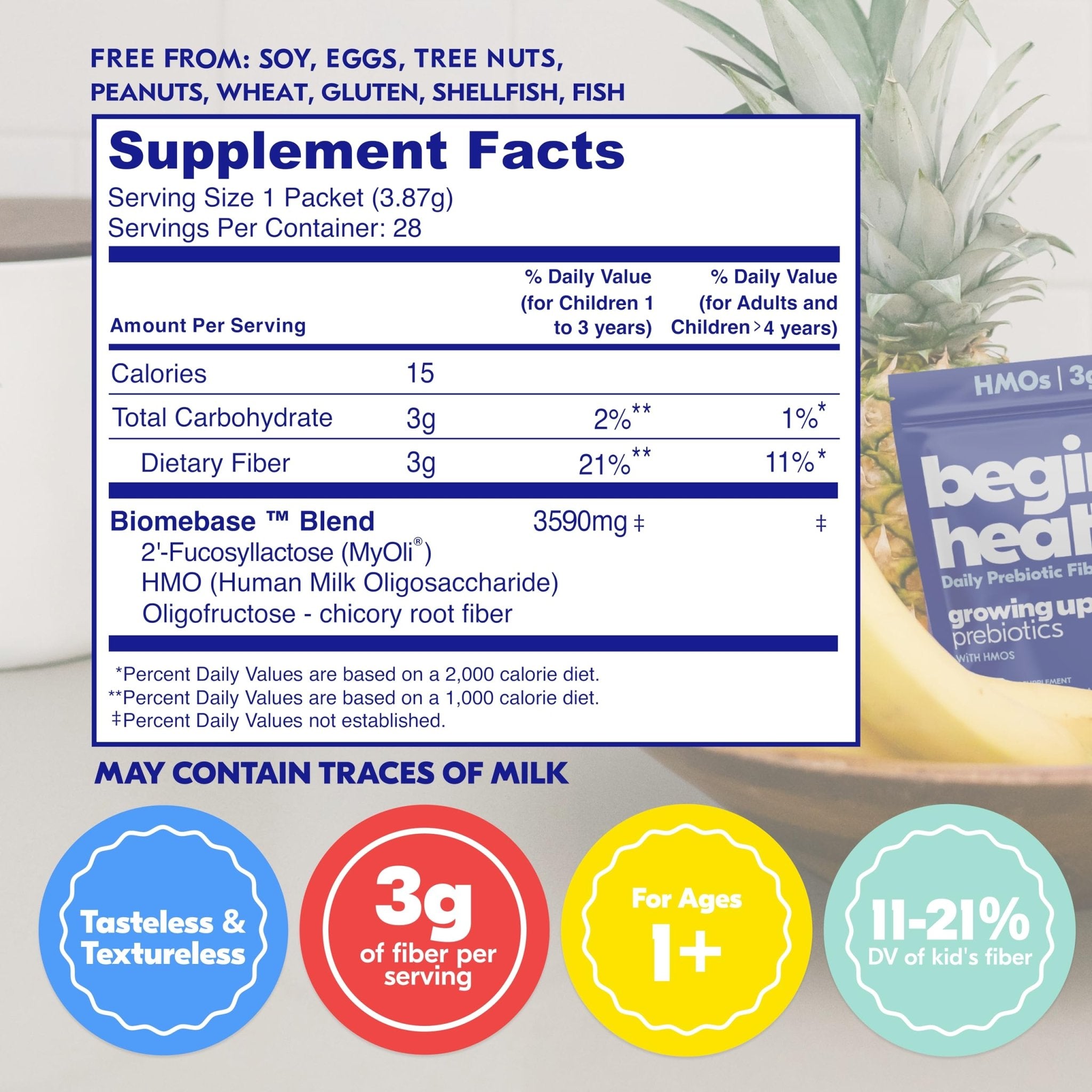 Begin Health Growing Up Prebiotics for Kids 28-Packs | Prebiotic Soluble Powder Stool Softeners and Digestive Gut Health Supplement | Ideal to Mix with Kids Daily - PrimeBioHealth - canada supplements