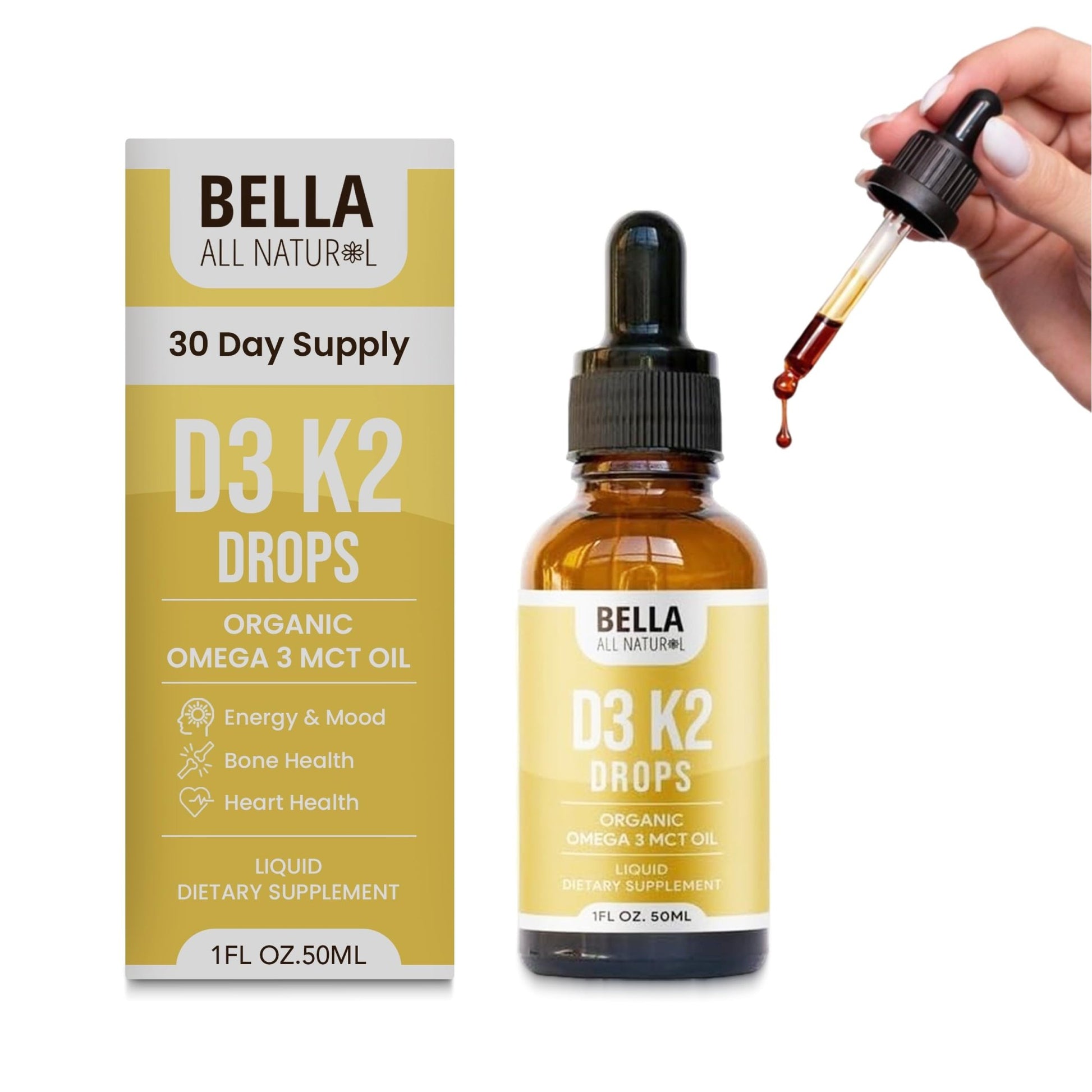 Bella All Natural Vitamin D3 K2 Liquid Drops 5000 IU (Unflavored) - Omega 3 with MCT Oil - PrimeBioHealth - canada supplements