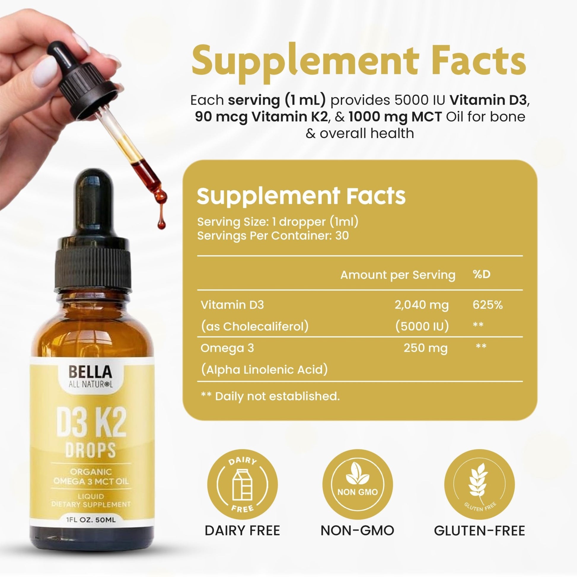 Bella All Natural Vitamin D3 K2 Liquid Drops 5000 IU (Unflavored) - Omega 3 with MCT Oil - PrimeBioHealth - canada supplements