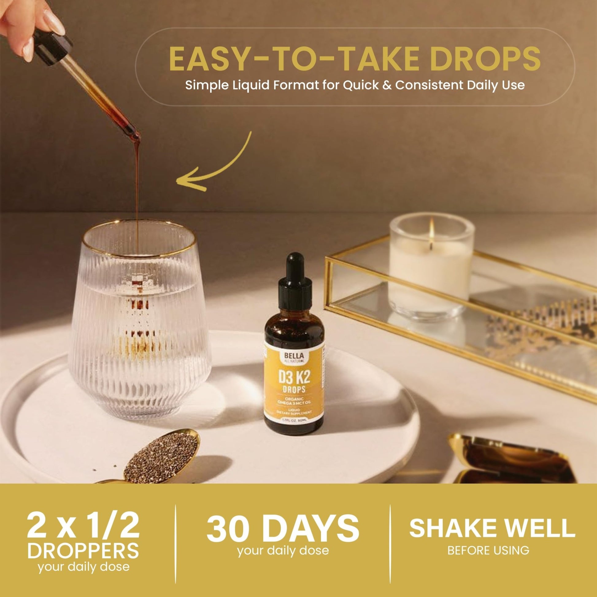 Bella All Natural Vitamin D3 K2 Liquid Drops 5000 IU (Unflavored) - Omega 3 with MCT Oil - PrimeBioHealth - canada supplements