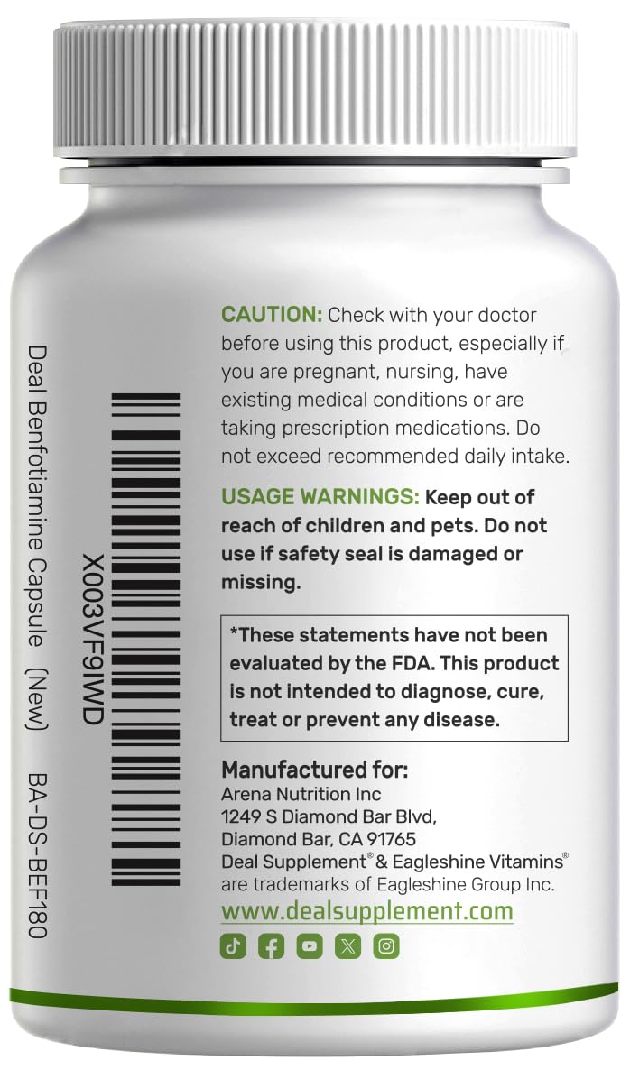 Benfotiamine 600mg Per Serving, 180 Veggie Capsules (300mg Per Cap) – Fat Soluble Vitamin B1 Thiamine Supplement - PrimeBioHealth - canada supplements