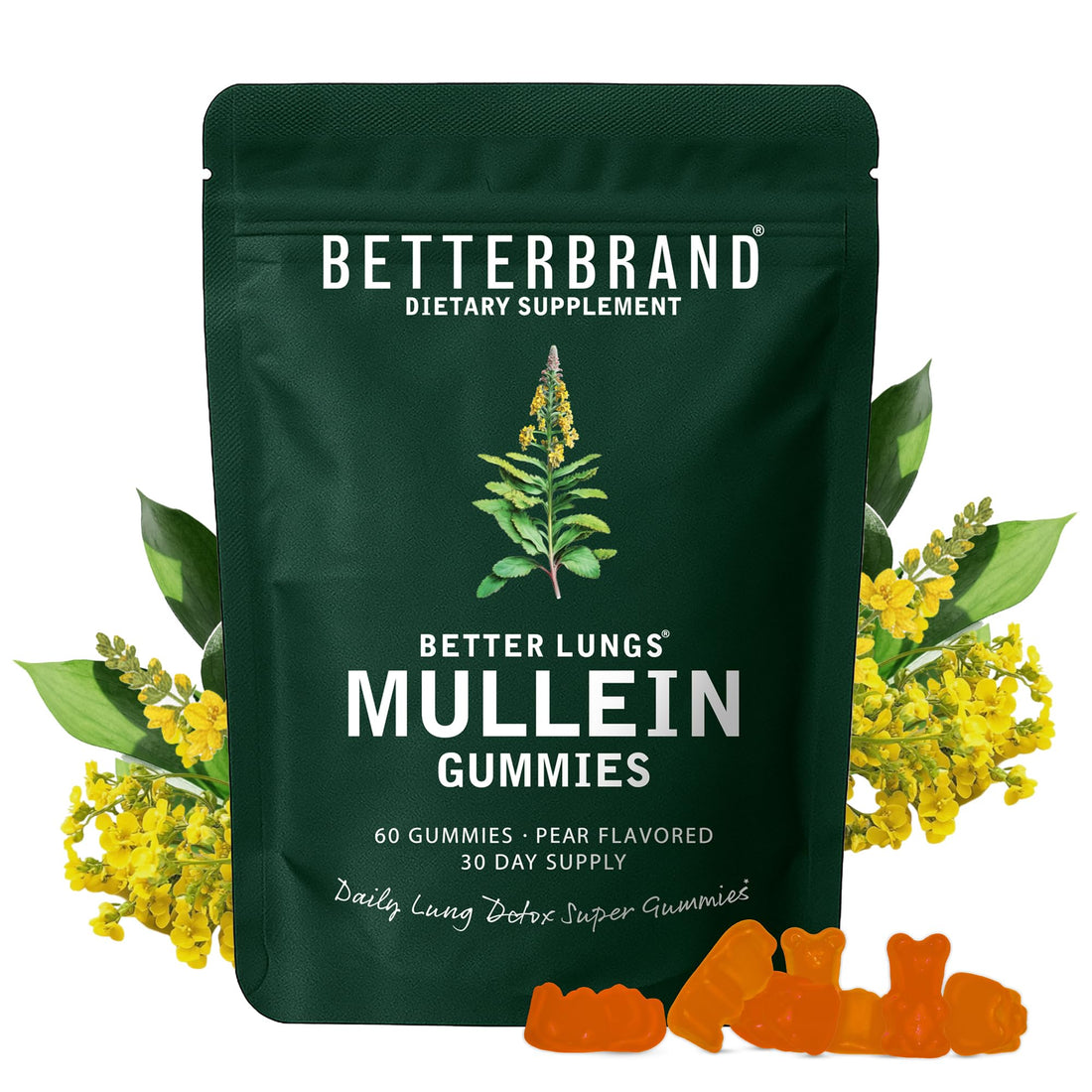 Betterbrand Mullein Chewable Gummies for Lung Cleanse and Detox, Respiratory Health Supplement, 1000mg Mullein Extract per Serving, 60 Gummies - PrimeBioHealth - canada supplements