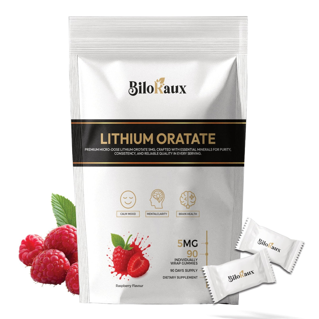BiloRaux Lithium Orotate 5mg Gummies – Premium Microdose Lithium Supplement for Calm Balance & Focus – Natural Raspberry Flavour – 90 Vegan Gummies - PrimeBioHealth - canada supplements