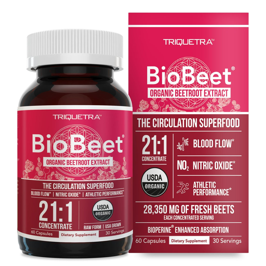 BioBeet® Max Strength Beet Root Capsules - 21:1 Concentrate, Each Serving Derived from 28,350 mg Organic Beetroot - Absorption Enhancement - PrimeBioHealth - canada supplements