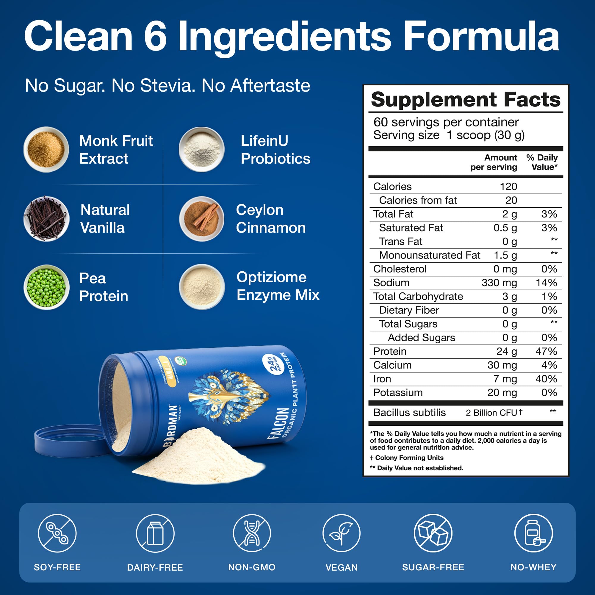 BIRDMAN Falcon Organic Vegan Protein Powder Vanilla, 24g Protein, Sugar Free, Probiotics, Low Carb, Keto Friendly, Dairy Free, Lactose Free, Non Whey - PrimeBioHealth - canada supplements