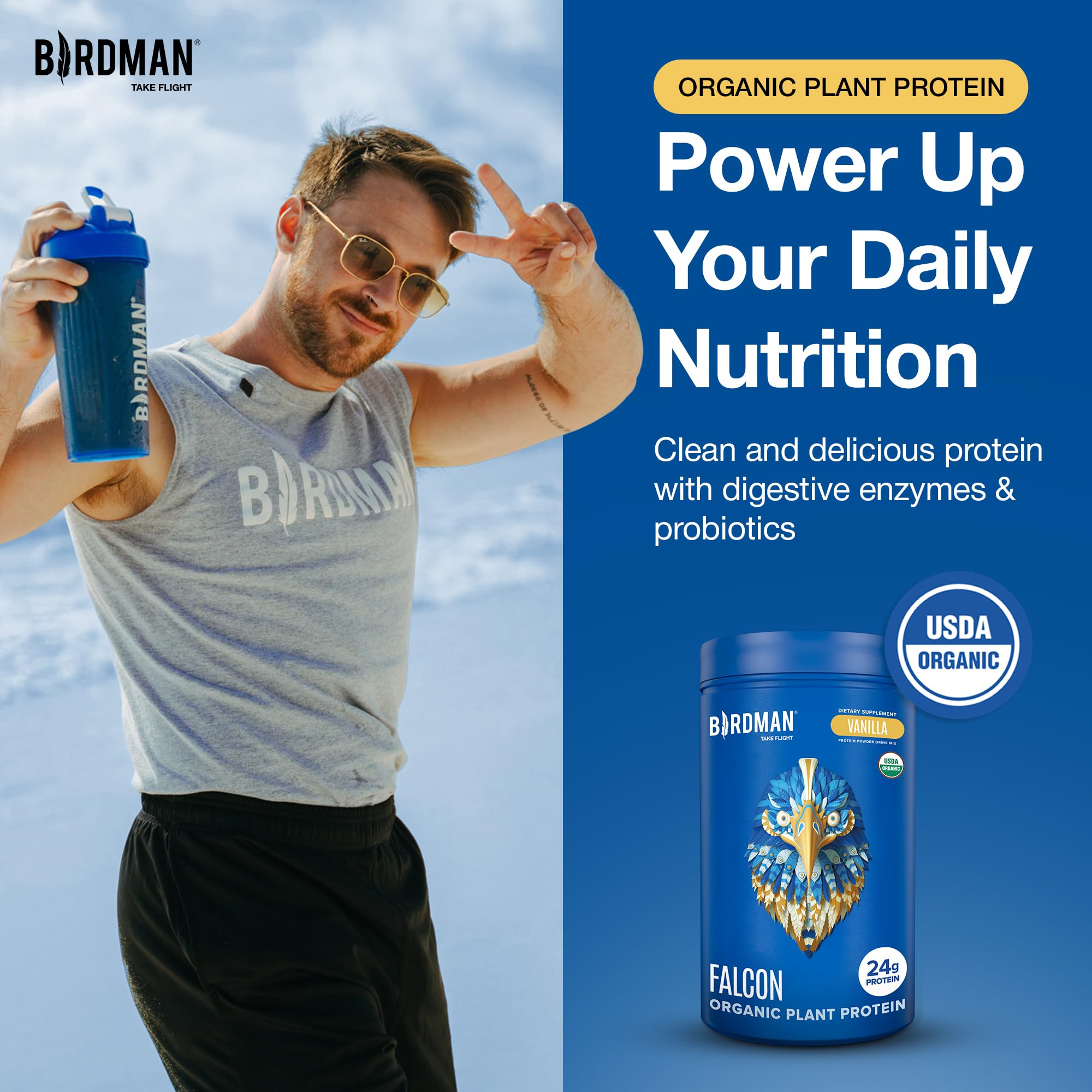 BIRDMAN Falcon Organic Vegan Protein Powder Vanilla, 24g Protein, Sugar Free, Probiotics, Low Carb, Keto Friendly, Dairy Free, Lactose Free, Non Whey - PrimeBioHealth - canada supplements