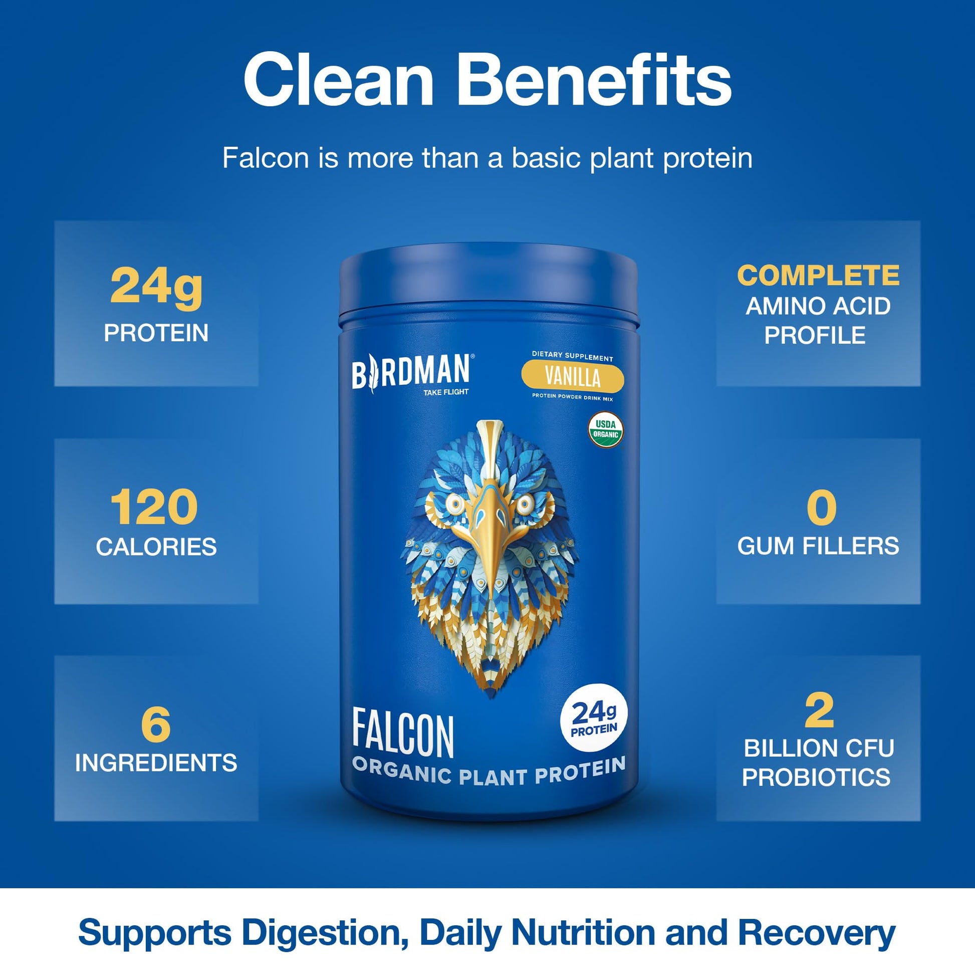 BIRDMAN Falcon Organic Vegan Protein Powder Vanilla, 24g Protein, Sugar Free, Probiotics, Low Carb, Keto Friendly, Dairy Free, Lactose Free, Non Whey - PrimeBioHealth - canada supplements