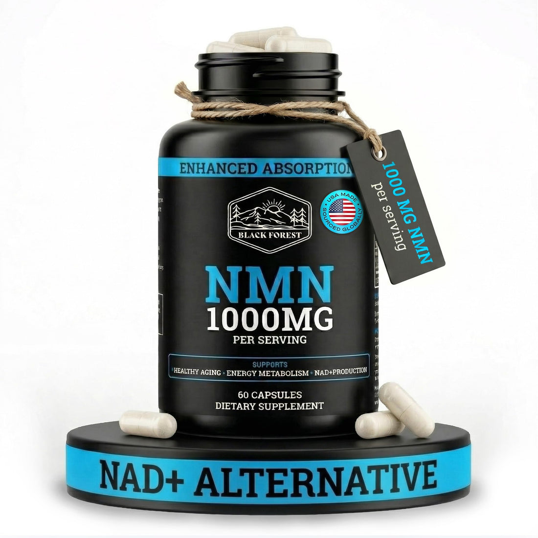 Black Forest NMN Supplements 1000mg (Nicotinamide Mononucleotide) 99% Pure, Stabilized Form, BioPerine® for Enhanced Bioavailability (60 Capsules) - PrimeBioHealth - canada supplements