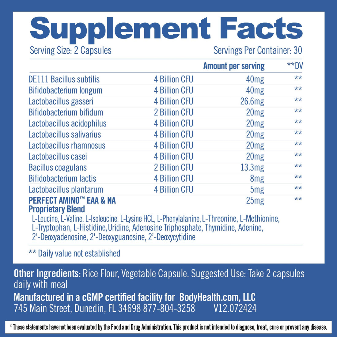 BodyHealth Probiotic Enhanced with PerfectAmino for Women and Men, Spore Based with Bifidobacterium, Lactobacillus Salivarius, - PrimeBioHealth - canada supplements