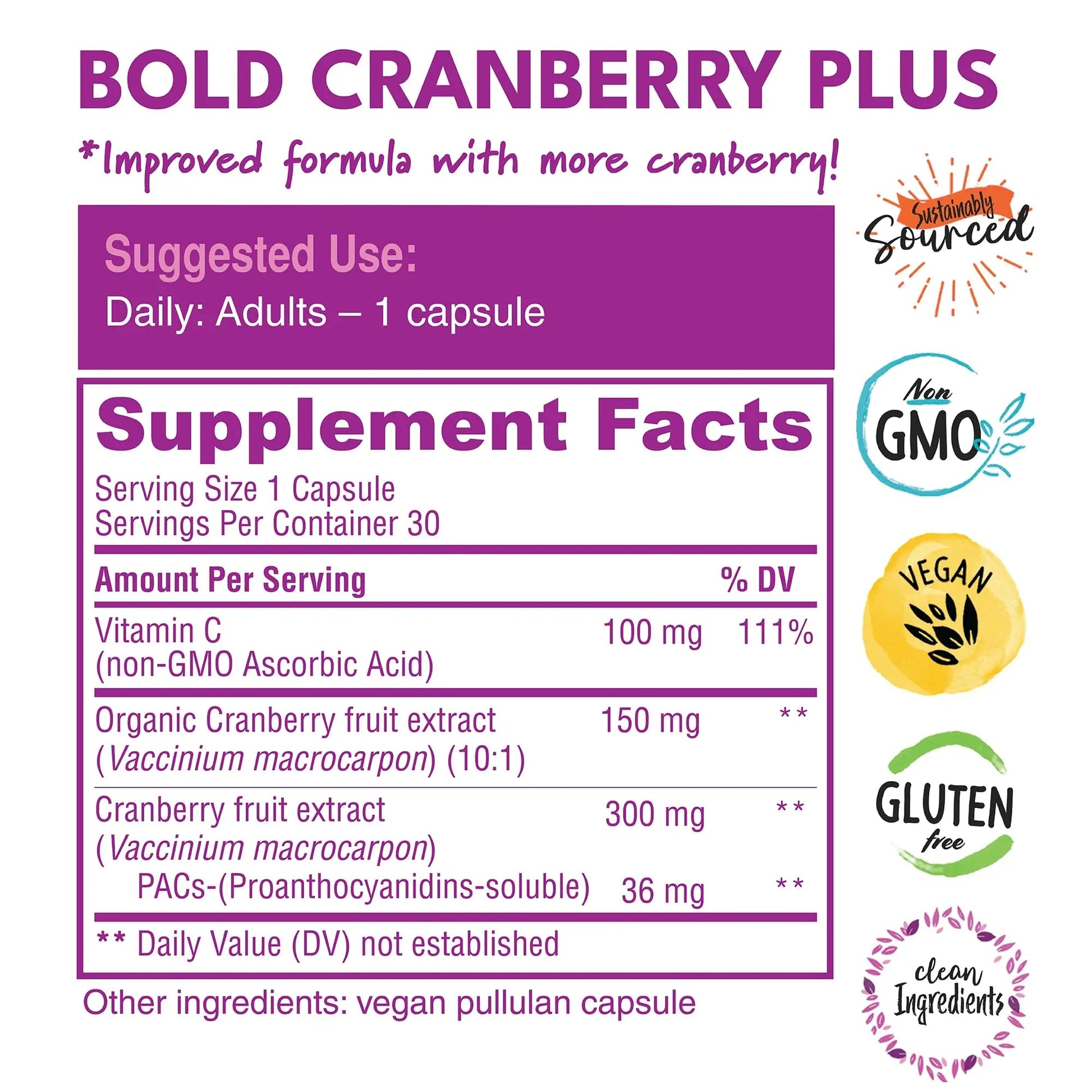 Bold Cranberry Plus Capsules - 100% Soluble 36mg PACs - Cranberry Pills for Women & Men with Urinary Tract Support, Non-GMO Vitamin C — 30 Vegan Capsules, 1 Month Supply - PrimeBioHealth - canada supplements