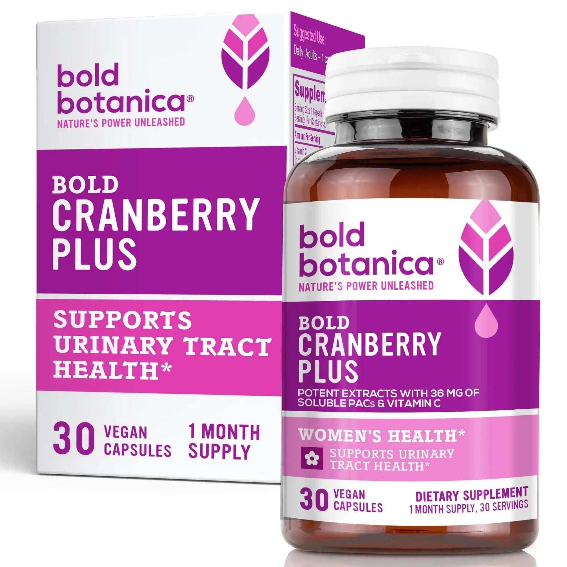 Bold Cranberry Plus Capsules - 100% Soluble 36mg PACs - Cranberry Pills for Women & Men with Urinary Tract Support, Non-GMO Vitamin C — 30 Vegan Capsules, 1 Month Supply - PrimeBioHealth - canada supplements