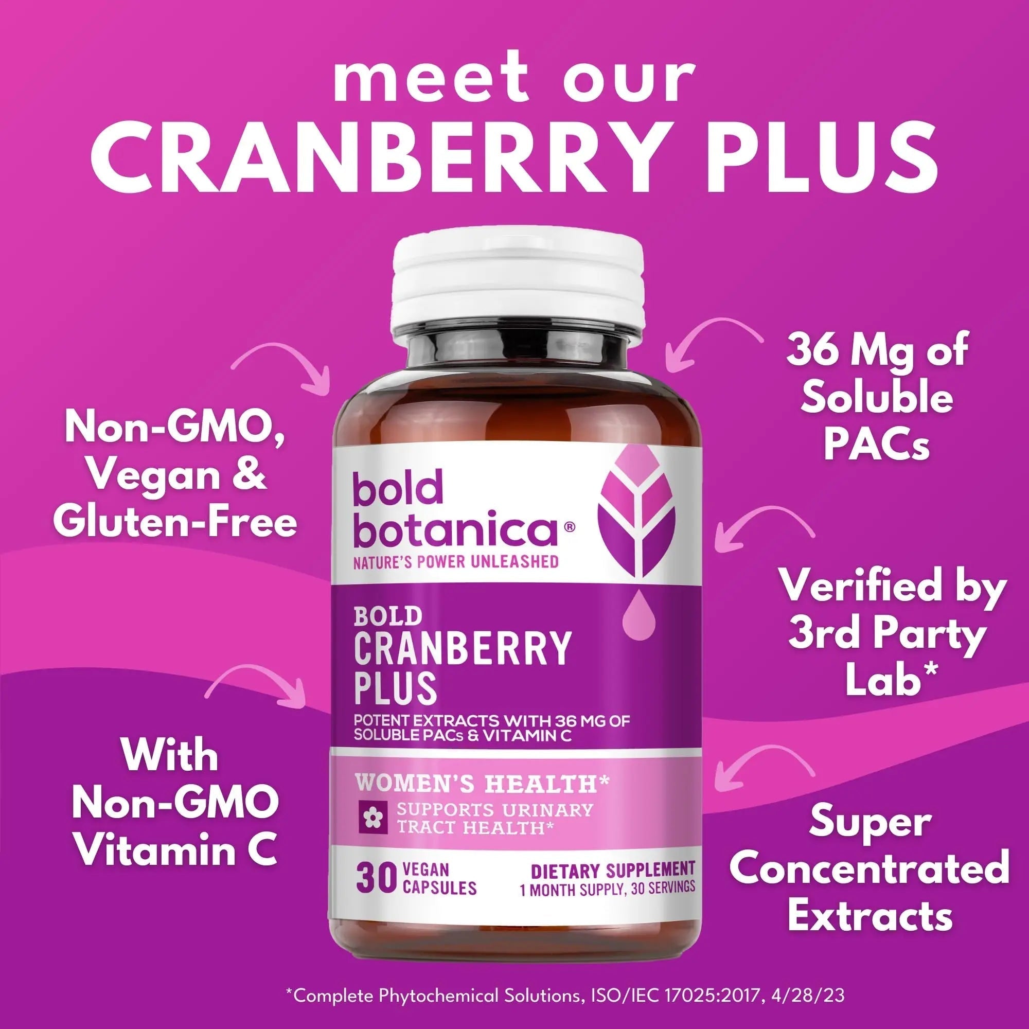 Bold Cranberry Plus Capsules - 100% Soluble 36mg PACs - Cranberry Pills for Women & Men with Urinary Tract Support, Non-GMO Vitamin C — 30 Vegan Capsules, 1 Month Supply - PrimeBioHealth - canada supplements