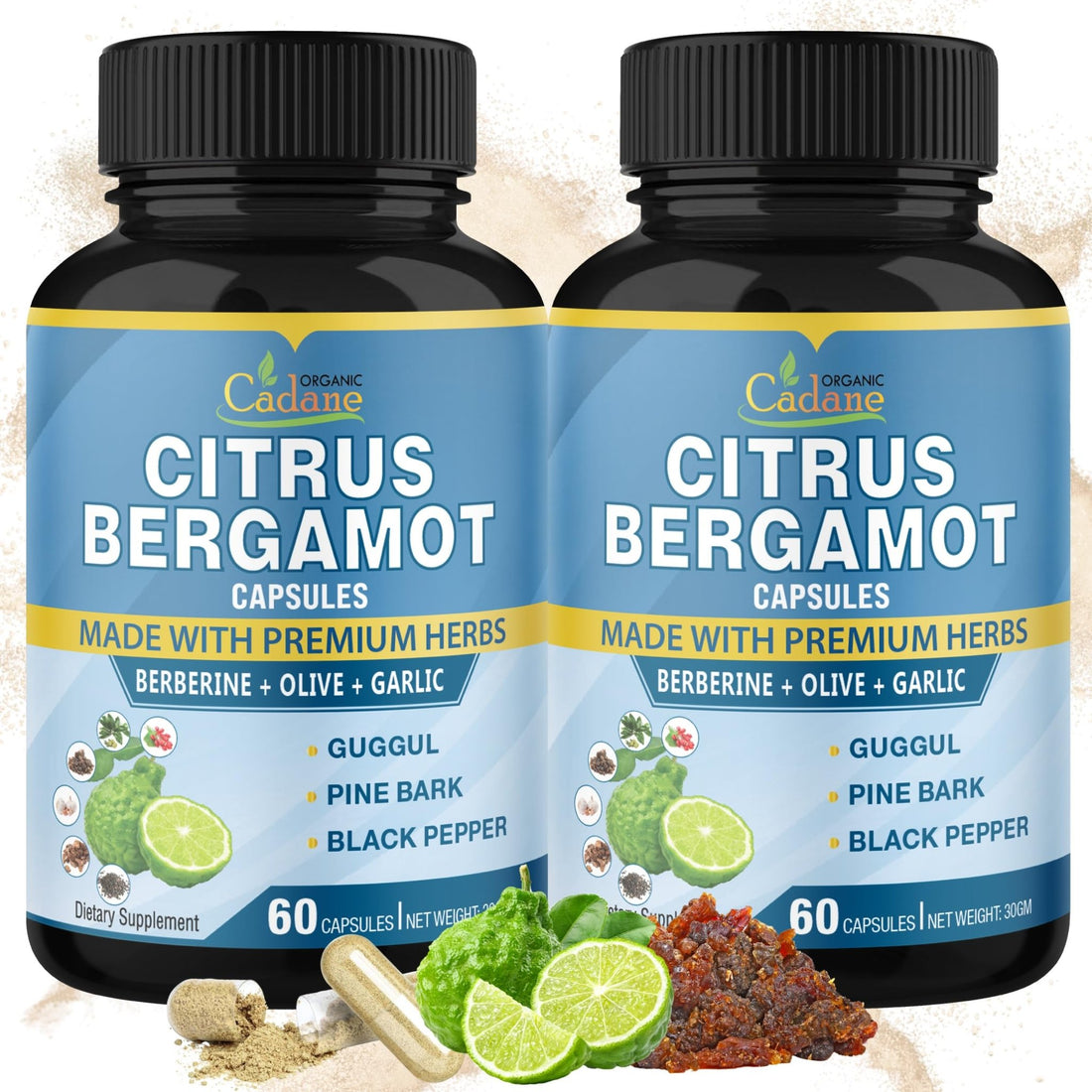 Cadane 2 Packs Citrus Bergamot Extract Capsules with Berberine, Olive, Guggul, Garlic, Pine Bark, Black Pepper | 4 Months Supply - PrimeBioHealth - canada supplements