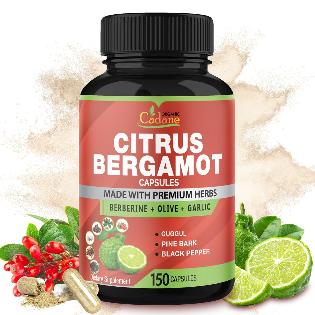 Cadane Citrus Bergamot Supplement Capsules with Berberine, Olive, Guggul, Garlic, Pine Bark, Black Pepper - PrimeBioHealth - canada supplements