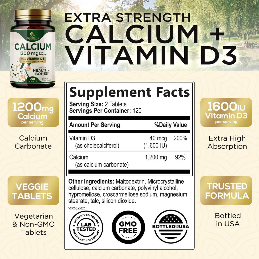 Calcium 1200 mg with Vitamin D3 - Per Serving - Bone Health Supplement - Vitamin D & Calcium Supplements for Women & Men - Bone Strength Support - PrimeBioHealth - canada supplements