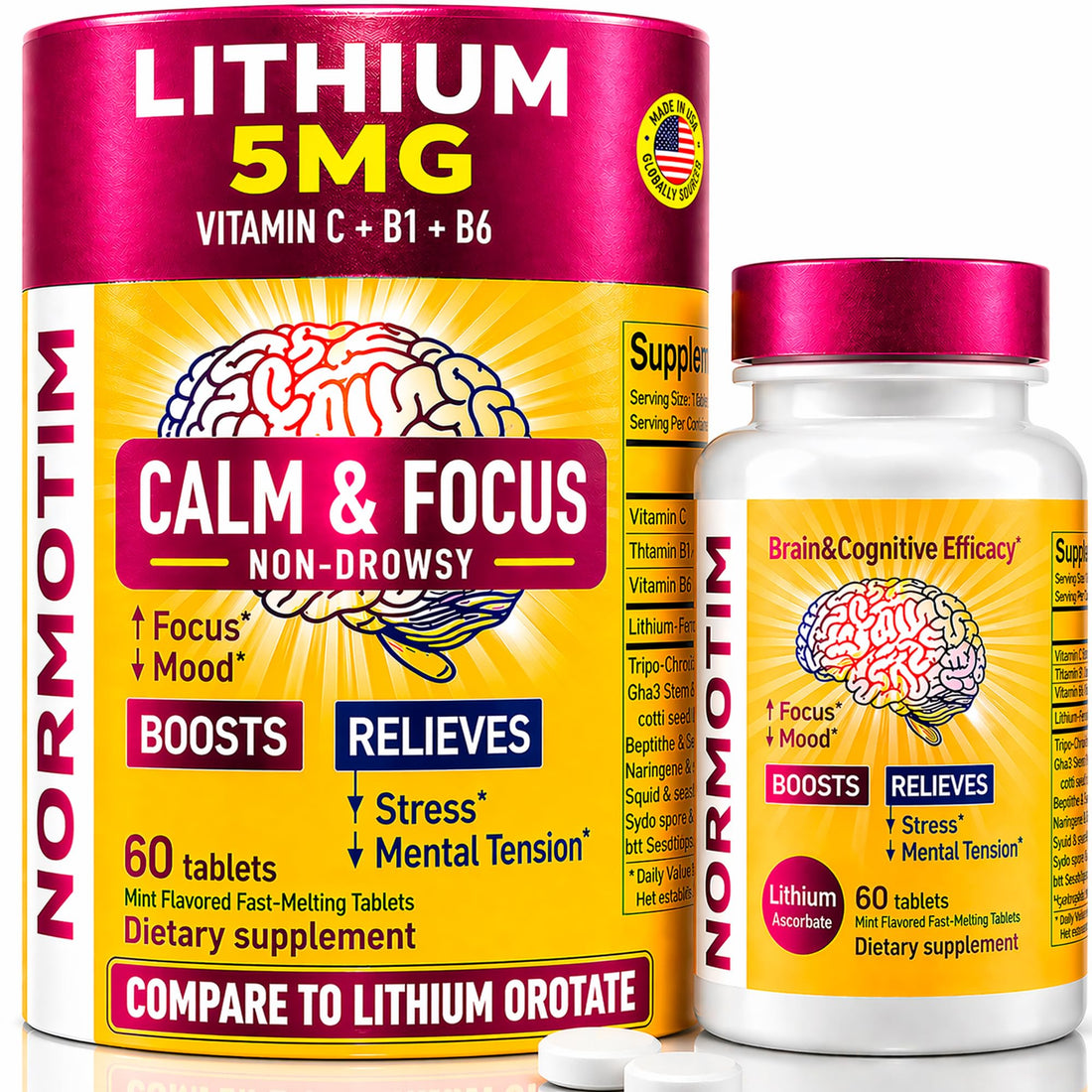 Calm & Focus Support – Lithium Ascorbate 5mg Fast-Dissolve Tablets with Vitamin C, B1 & B6 – Non-Drowsy Cognitive & Memory Support - PrimeBioHealth - canada supplements
