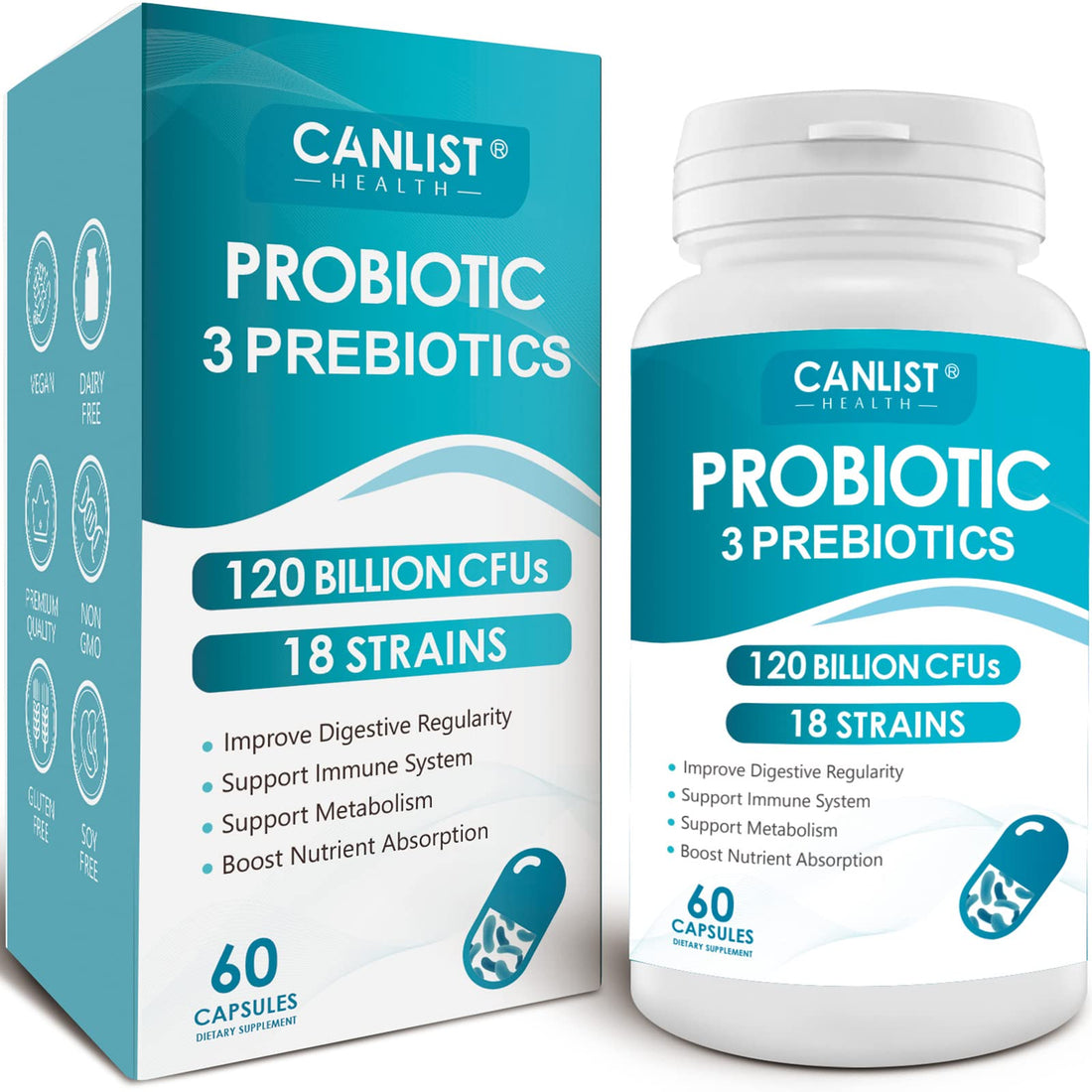 CANLIST Probiotics 120 Billion CFUs 18 Strains, 3 Prebiotics & Digestive Enzymes for Men Women,Digestive & Immune Support - PrimeBioHealth - canada supplements