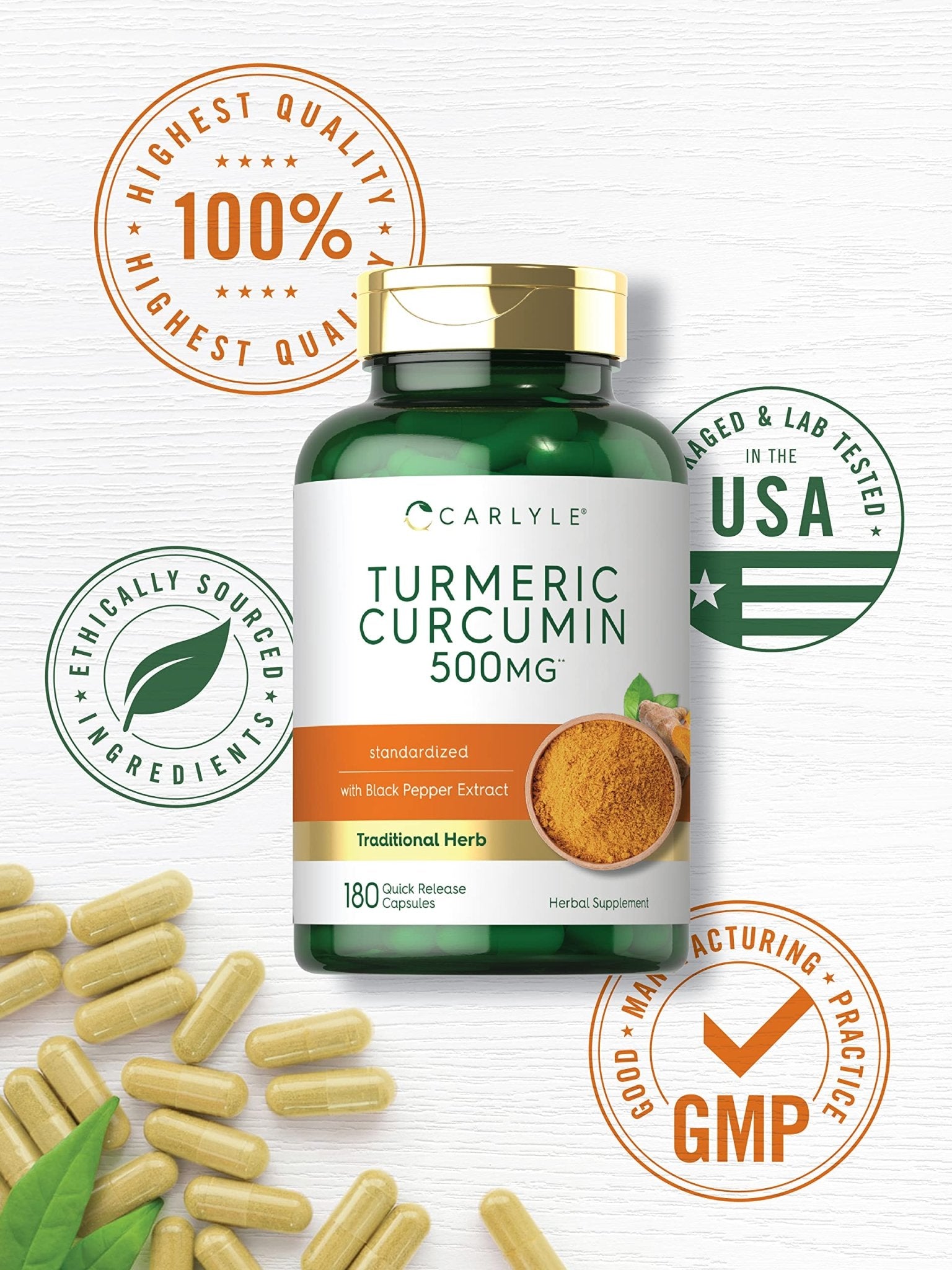 Carlyle Turmeric Curcumin Supplement | 180 Capsules | with Black Pepper Extract | Non-GMO & Gluten Free - PrimeBioHealth - canada supplements