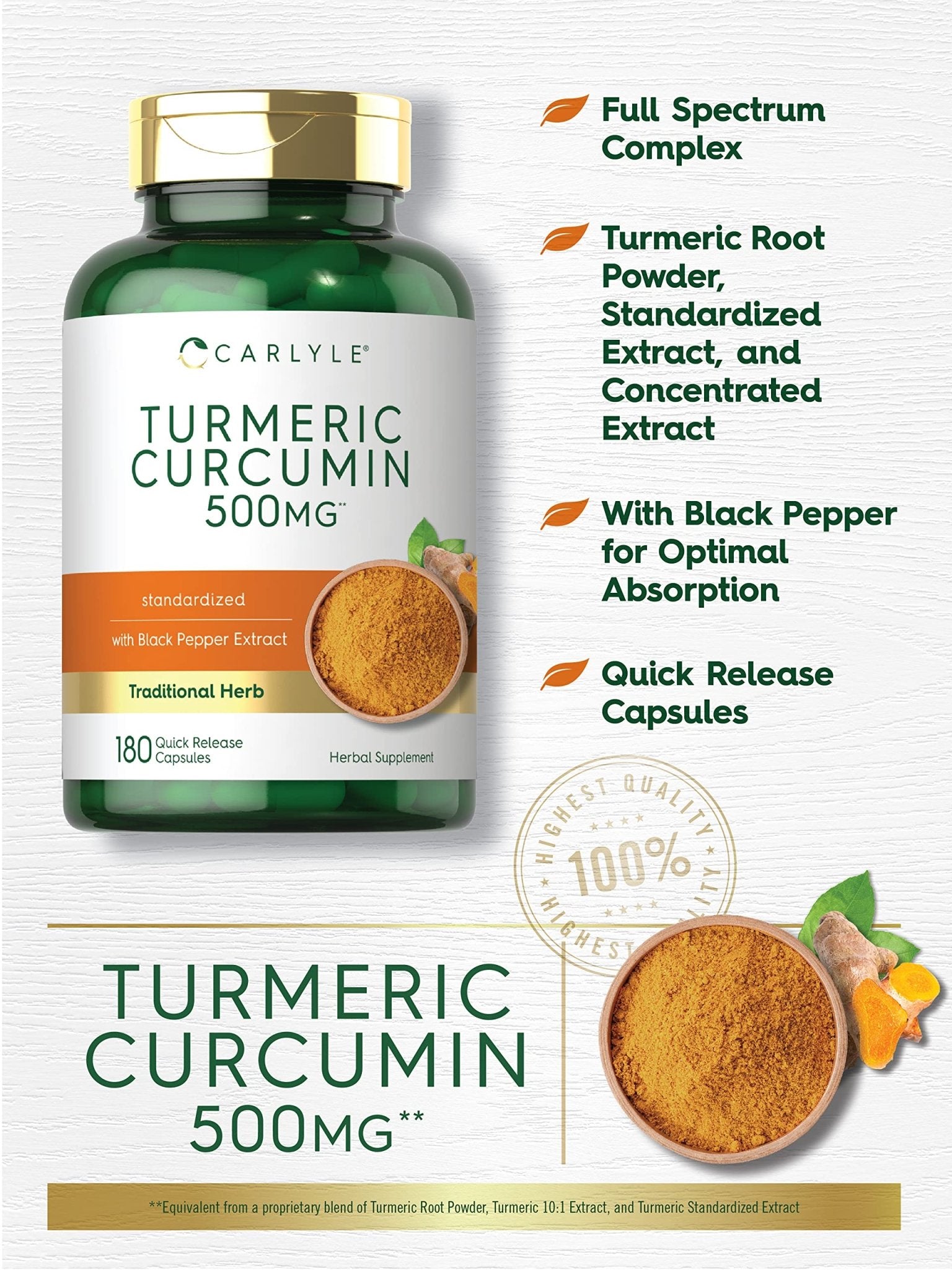 Carlyle Turmeric Curcumin Supplement | 180 Capsules | with Black Pepper Extract | Non-GMO & Gluten Free - PrimeBioHealth - canada supplements