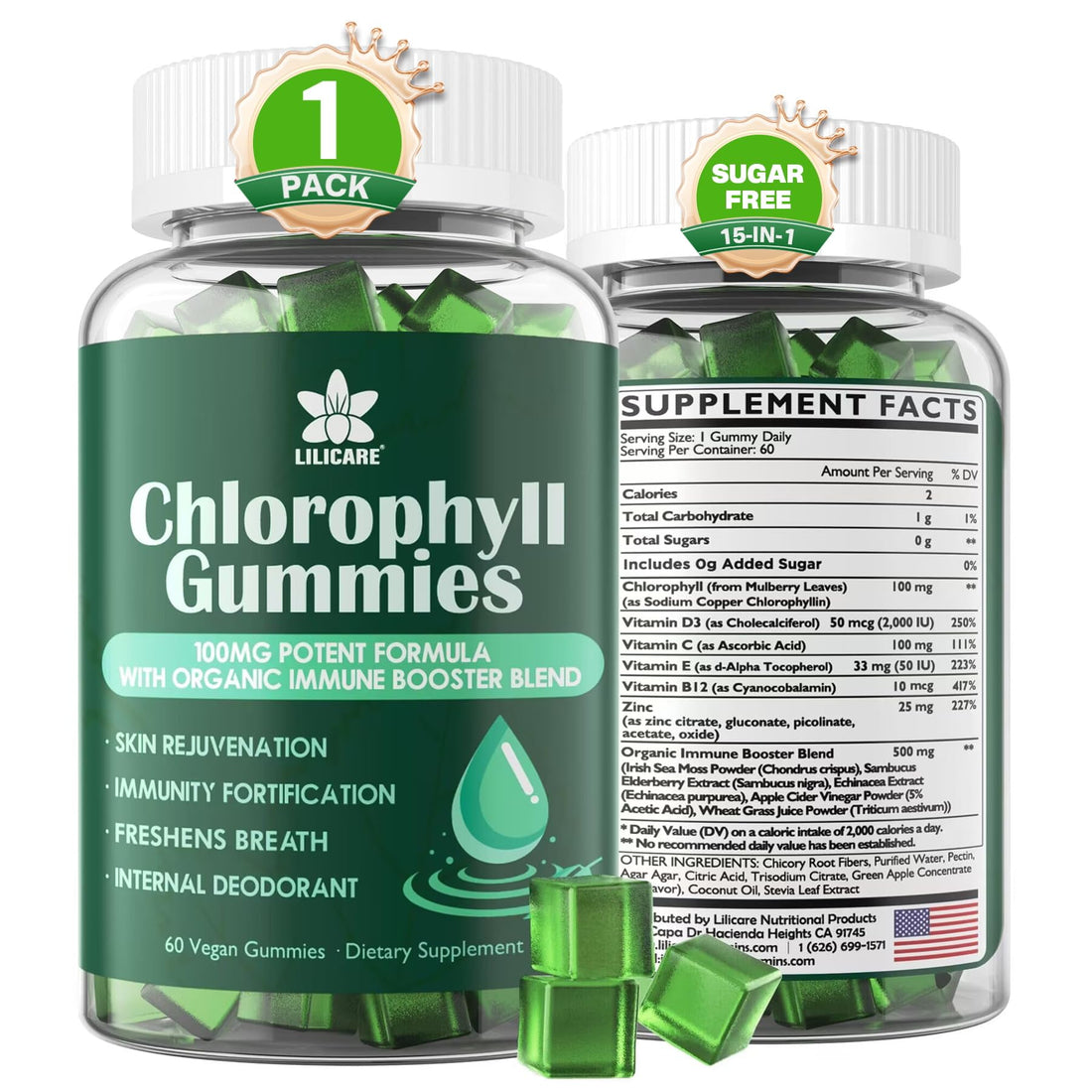 Chlorophyll Gummies - Super Green with Wheat Grass, Sea Moss, Unfiltered ACV & Elderberry, Echinacea, Zinc Complex & Vitamin D3, C, E, B12 for Natural Deodorant, - PrimeBioHealth - canada supplements