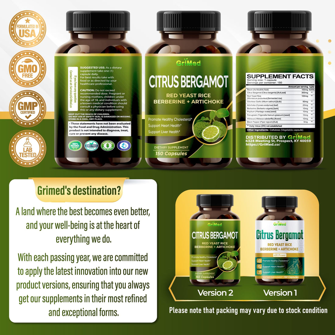 Citrus Bergamot with Red Yeast Rice, Garlic, Artichoke for Healthy Cholesterol, Heart Health (150 Count (Pack of 1)) - PrimeBioHealth - canada supplements