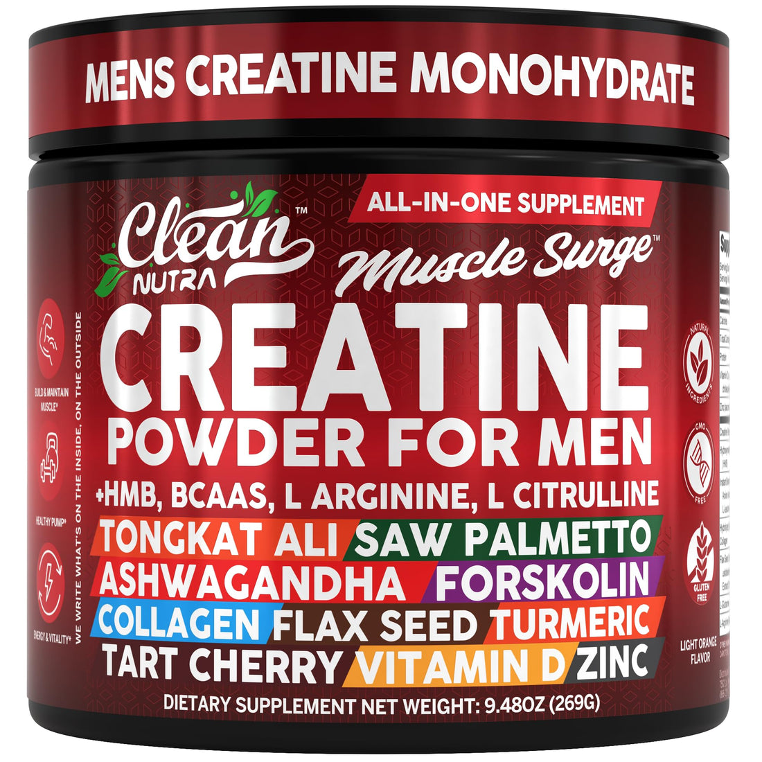 Clean Nutra Creatine Powder for Men + HMB BCAA L Arginine L Citrulline Tongkat Ali Saw Palmetto Ashwagandha Collagen Flax Seed Turmeric Preworkout Stevia - PrimeBioHealth - canada supplements